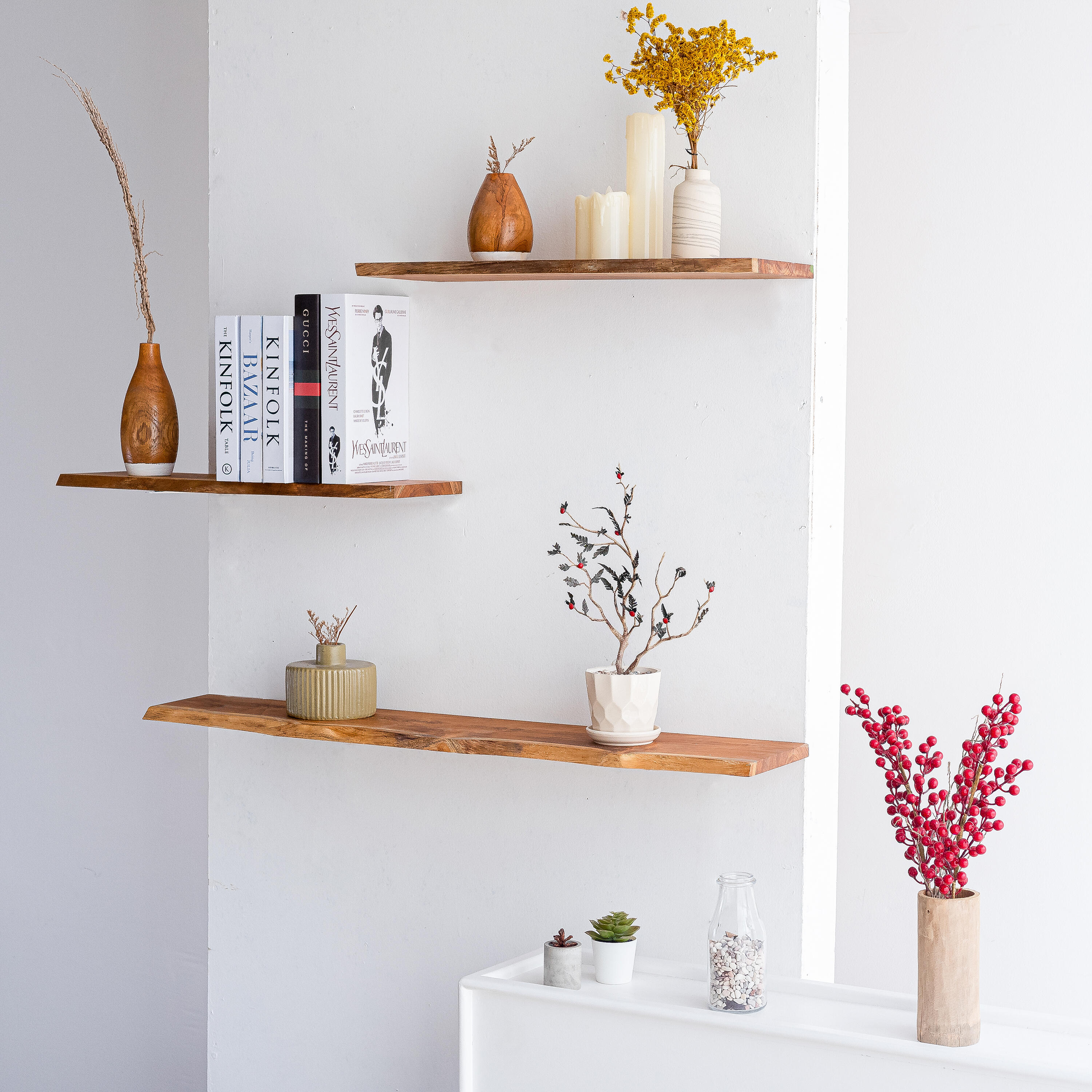 Tablette bois massif teck huilé, L.120 x l.18 cm, Ep.18 mm - 2