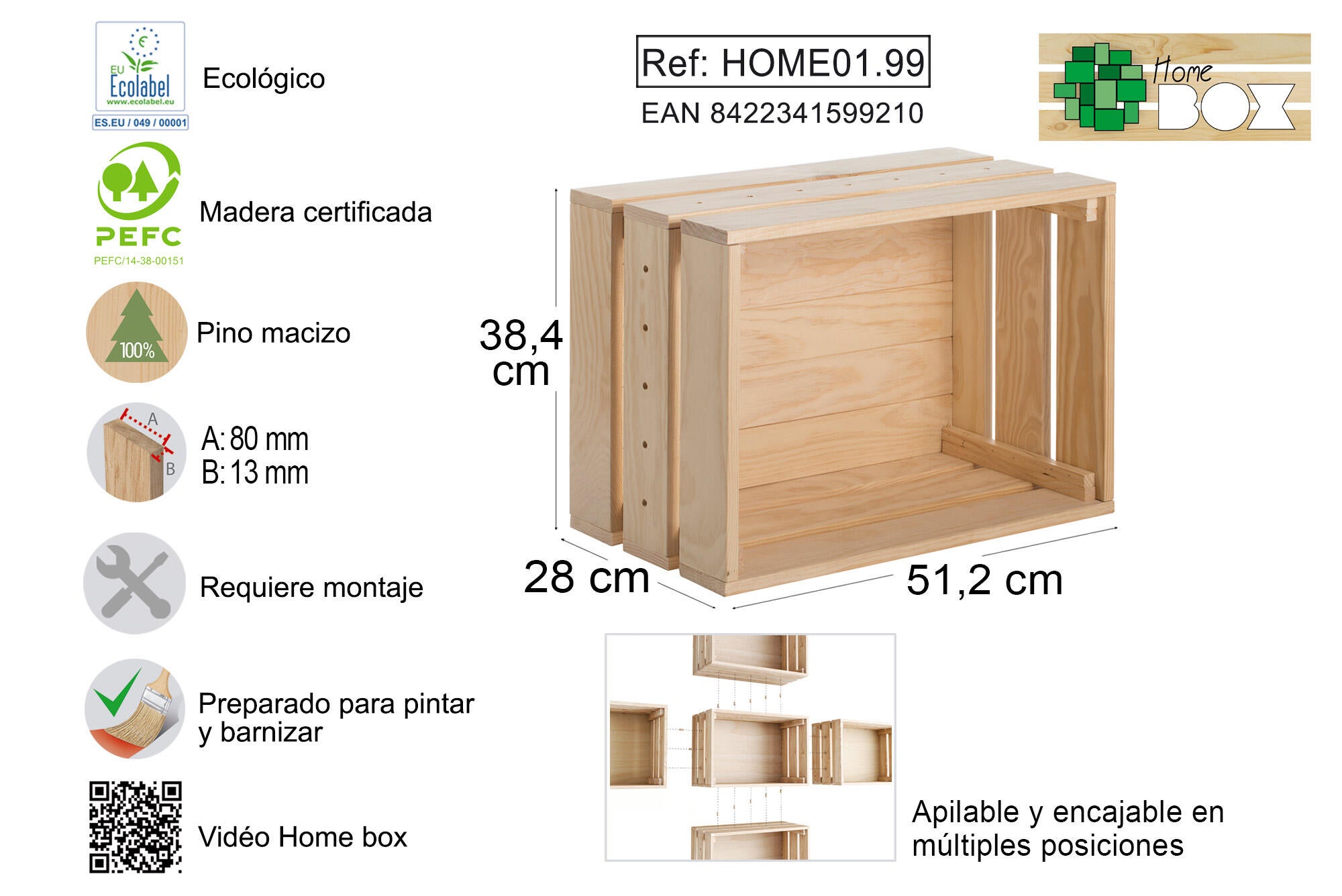 Caja de ordenación de madera ASTIGARRAGA de 38.4x51.2x28 cm - 3