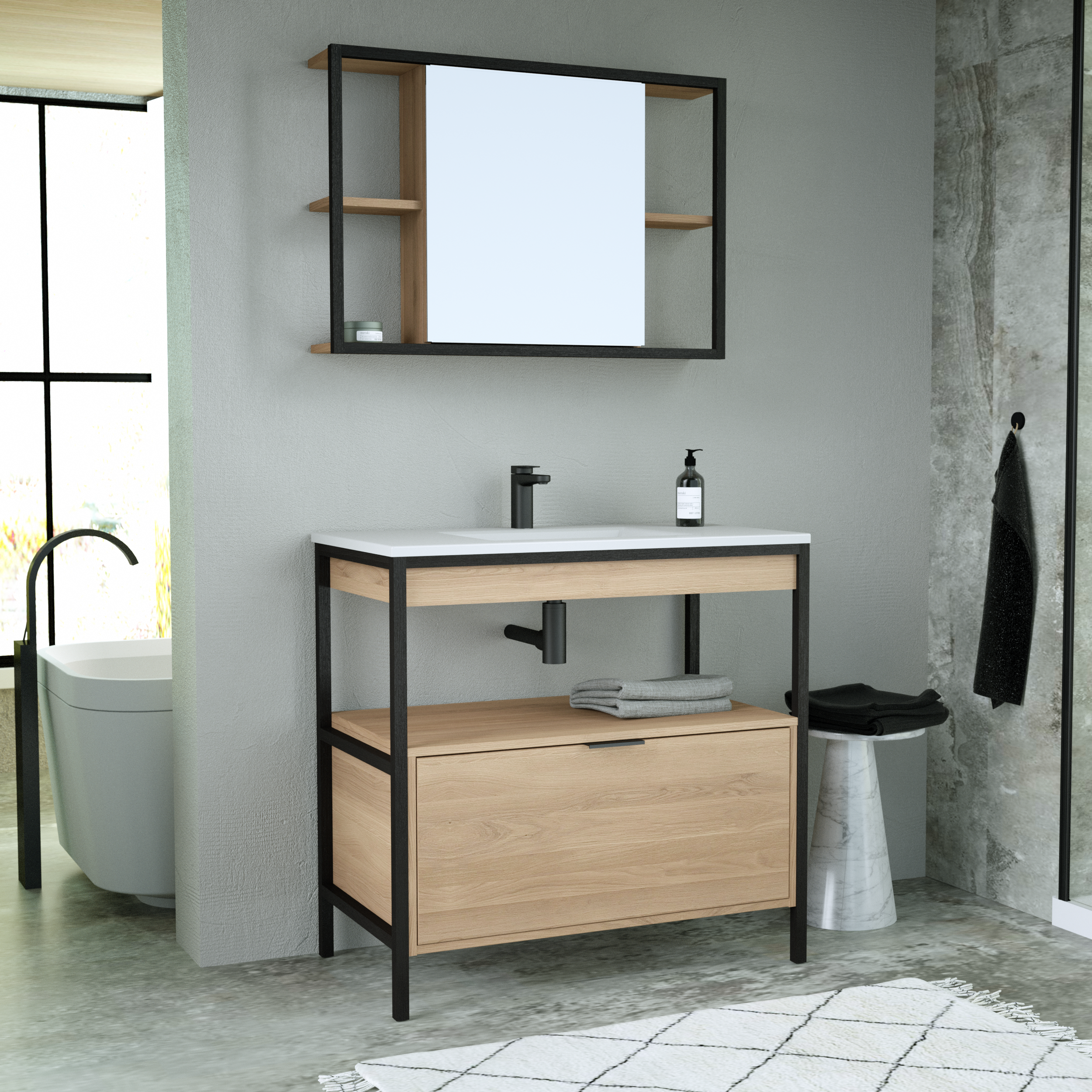 Meuble sous-vasque 1t L.90cm x H.87.5cm x P.48cm plaqué chêne Hudson - 3