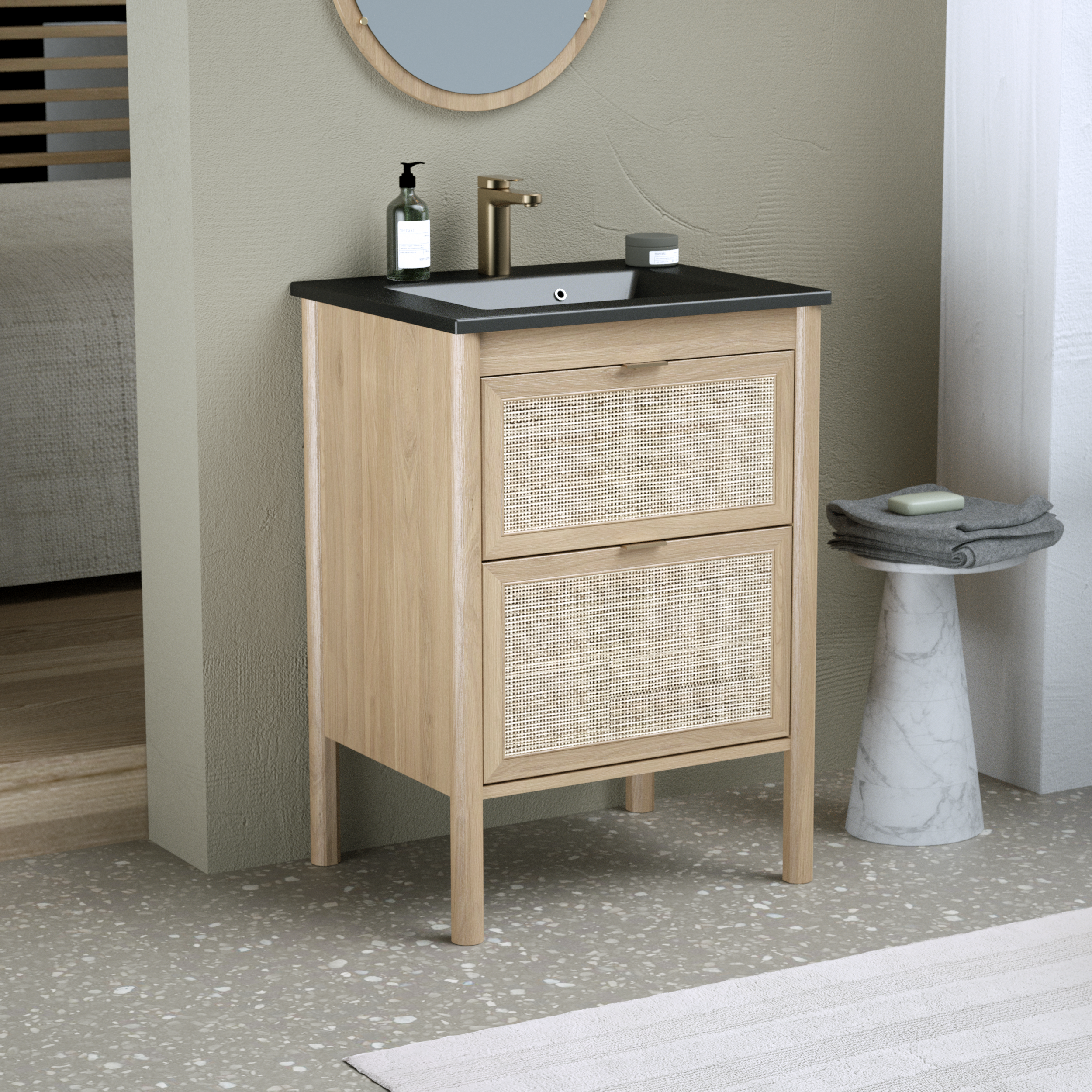 Meuble sous-vasque 2t L.60cm x H.87.5cm x P.48cm plaqué chêne Boho - 3