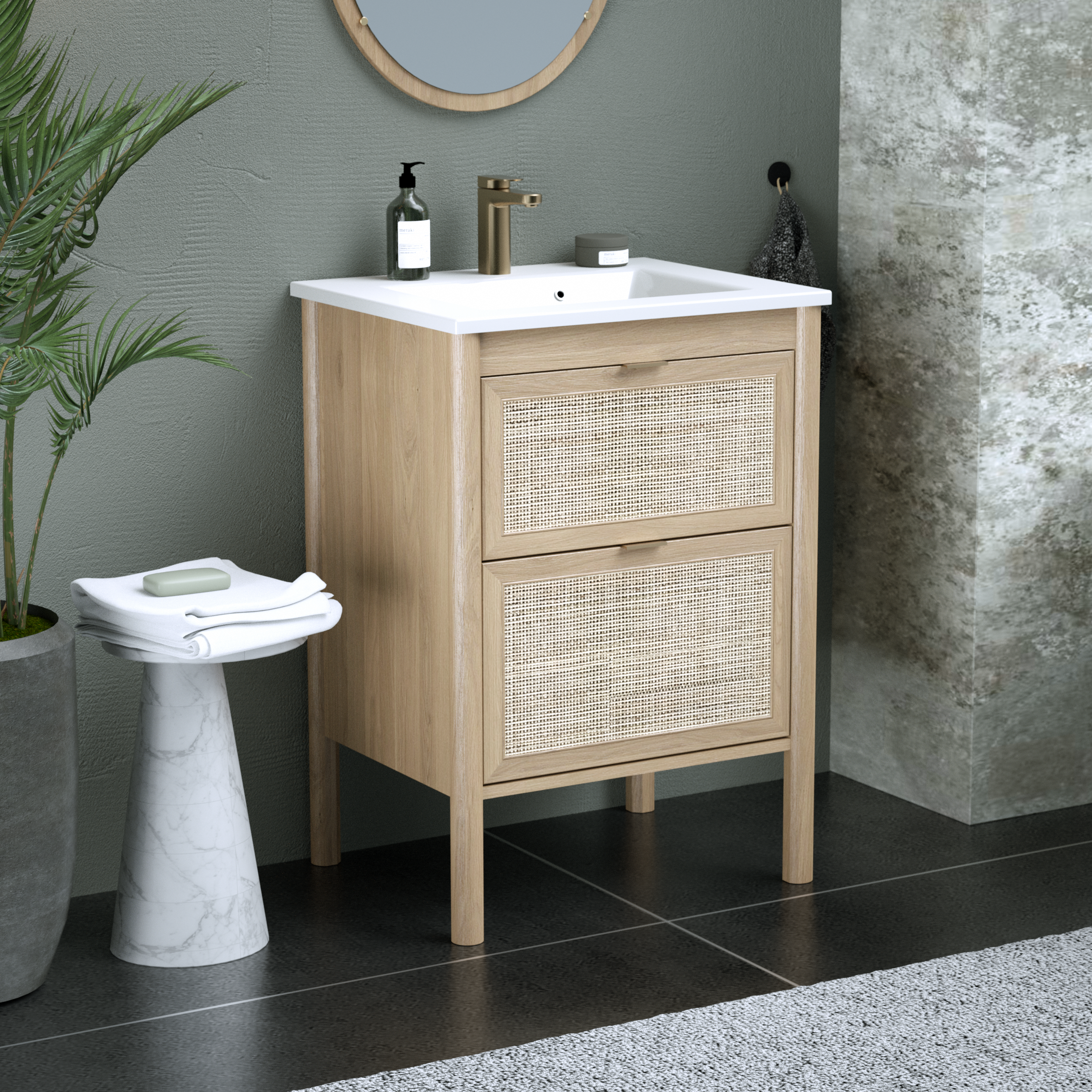 Meuble sous-vasque 2t L.60cm x H.87.5cm x P.48cm plaqué chêne Boho - 4