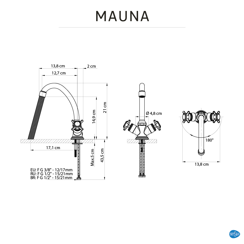 Grifo de lavabo SENSEA Mauna bimando caño alto cromo brillo. Latón - 6