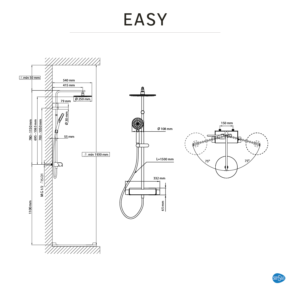 Conjunto de duche com torneira termostática cromado sensea easy - 6