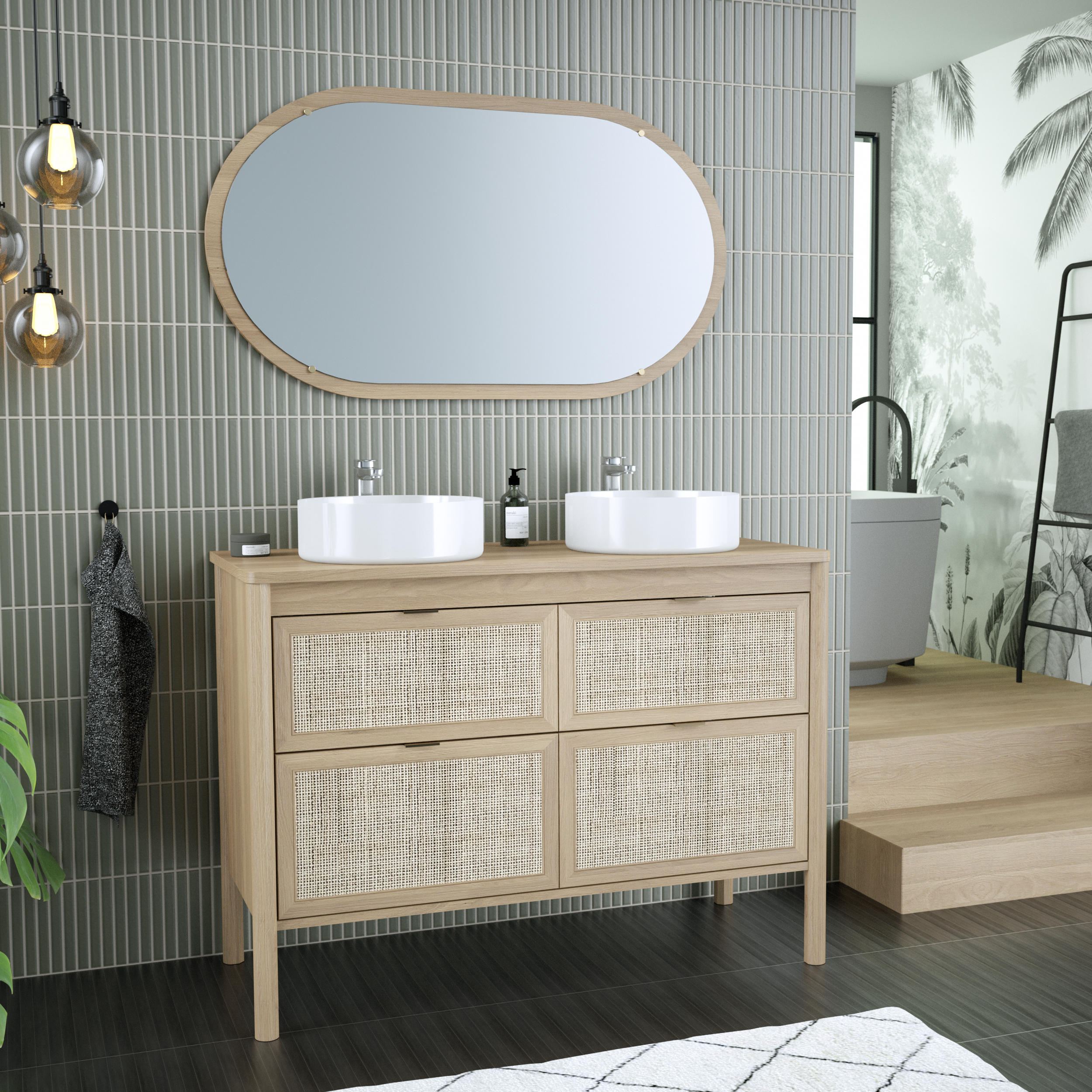 Meuble sous-vasque 4t L.120cm x H.87.5cm x P.48cm plaqué chêne Boho - 9