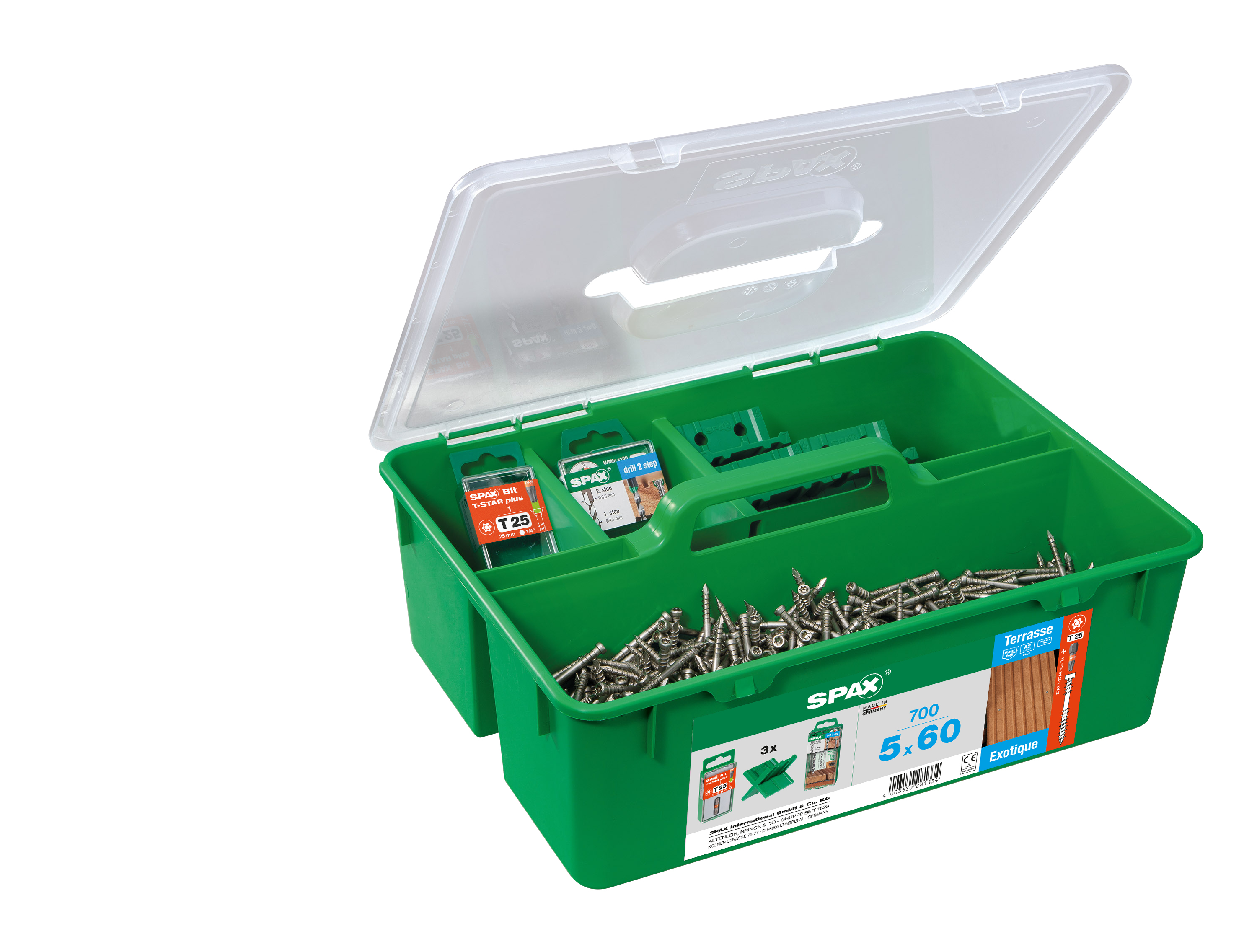700 vis tête cylindrique, diam. 5x60mm + 1 embout + 1 forêt + 3 espaceurs, spax - 2