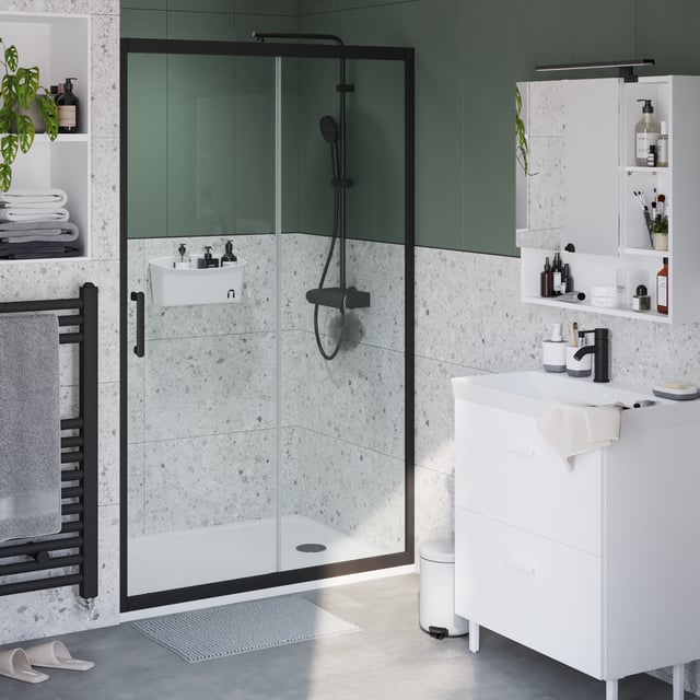 Porte de douche coulissante verre transparent, noir L.120cm, Easy