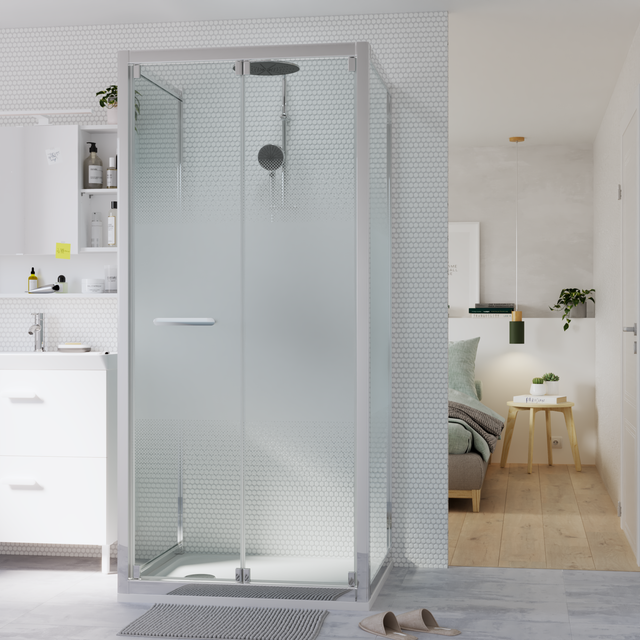 Mampara de ducha frontal plegable serigrafiada Easy perfil cromo (97.5-100.5)x190 cm