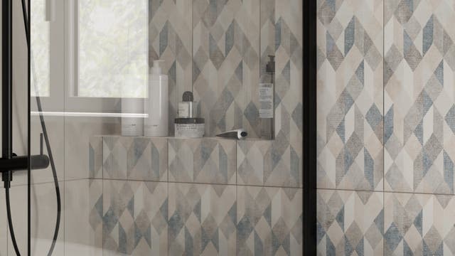 bagno azzurro e grigio dallo stile grafico