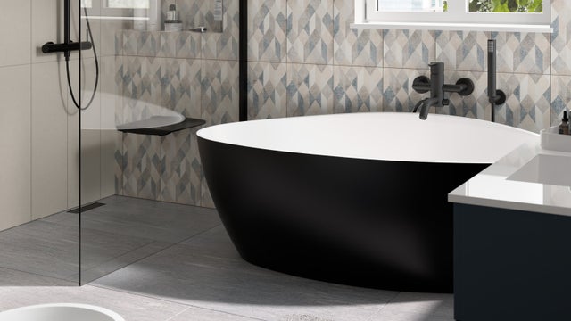 bagno azzurro e grigio dallo stile grafico
