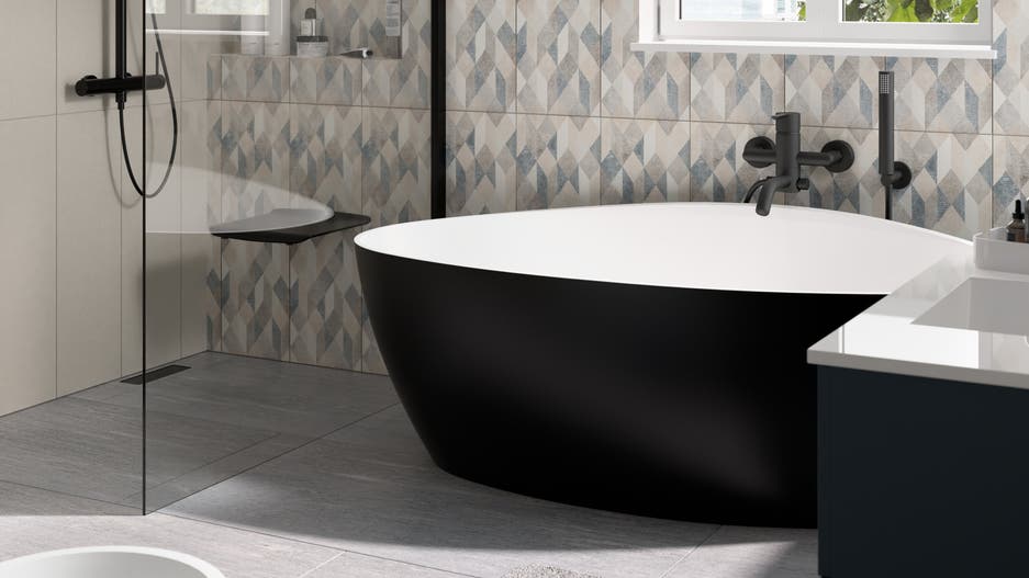 bagno azzurro e grigio dallo stile grafico