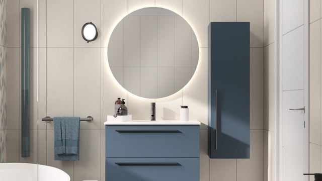 bagno azzurro e grigio dallo stile grafico