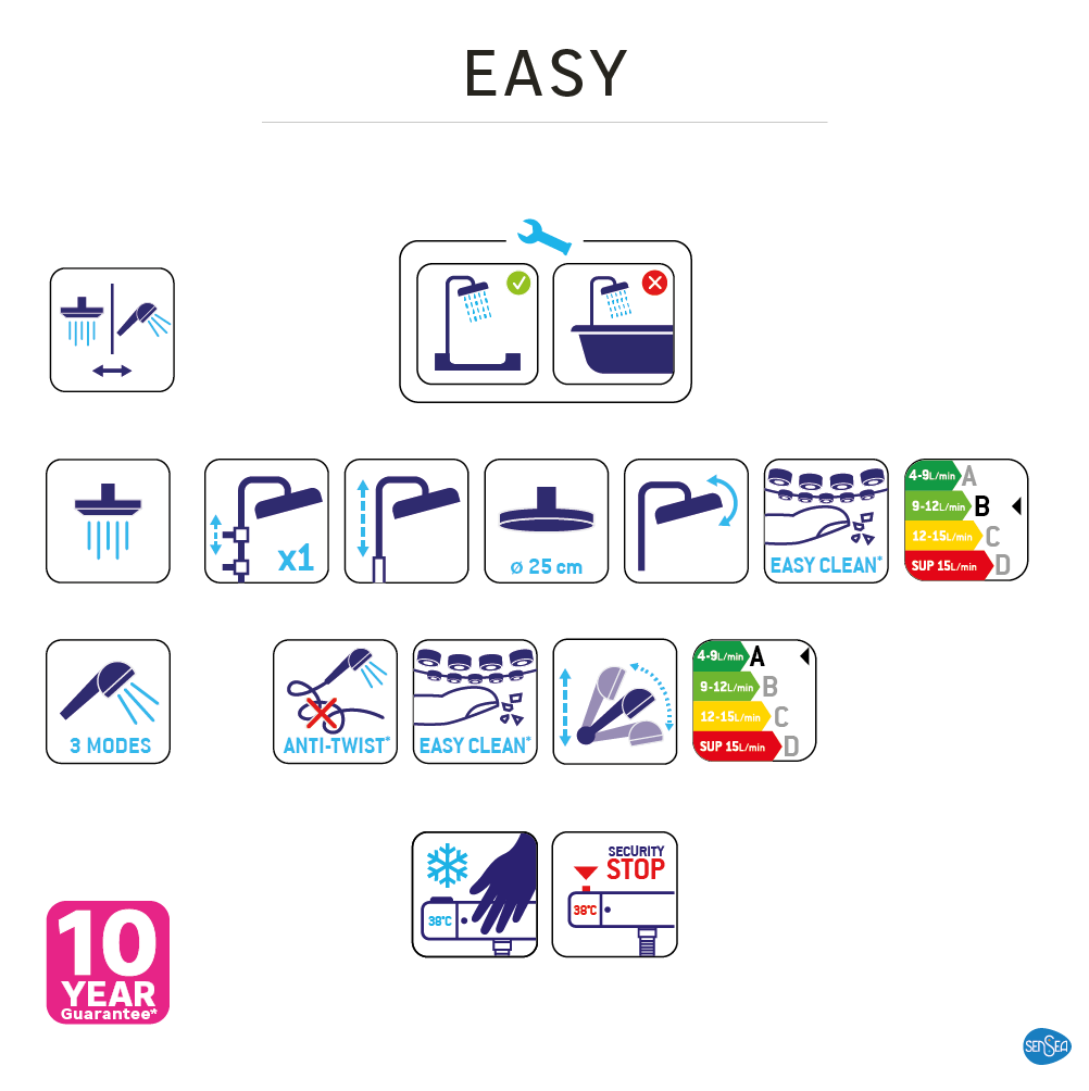Conjunto de duche com torneira termostática cromado sensea easy - 11