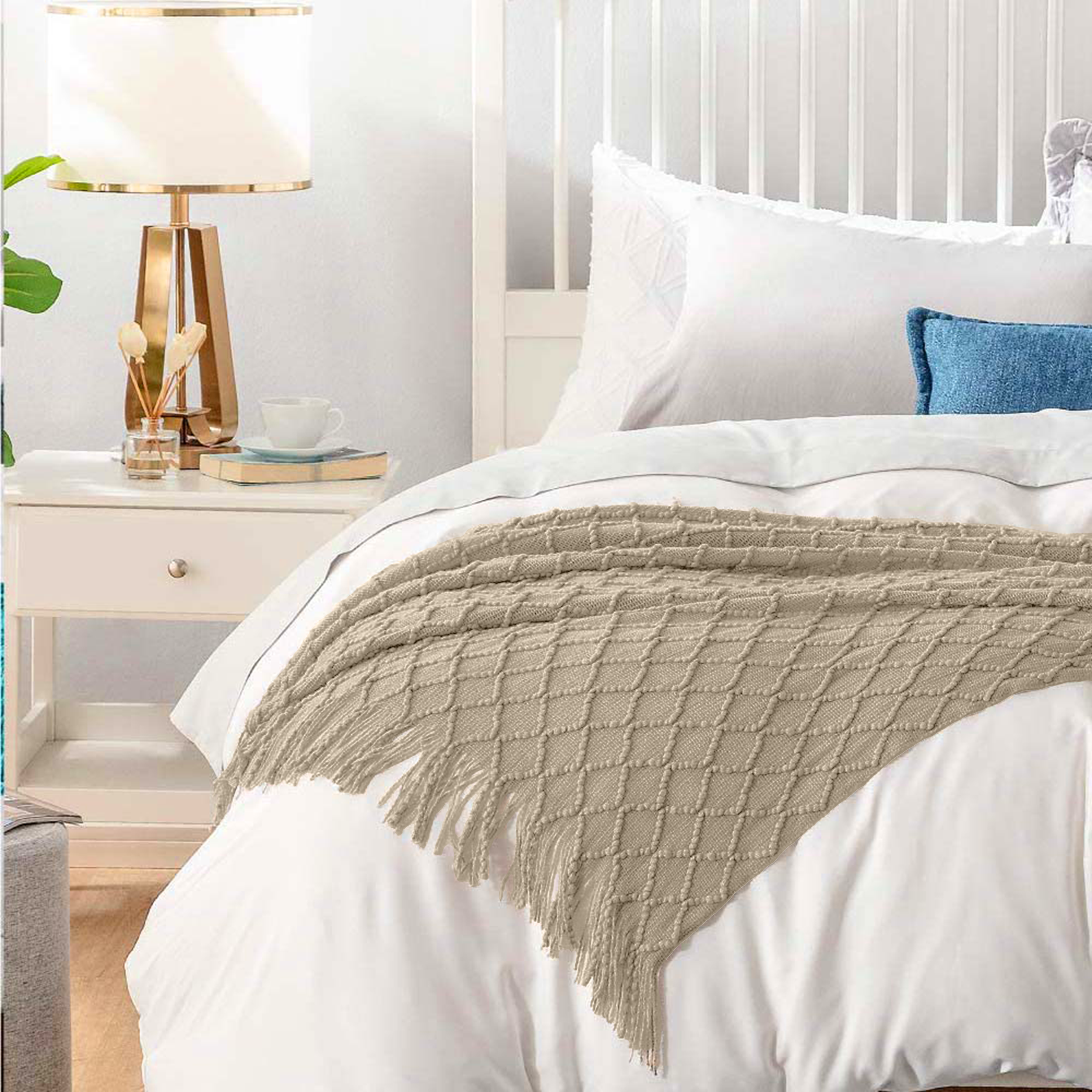 Koc Oslo beżowy z frędzlami 130 x 170 cm - 4