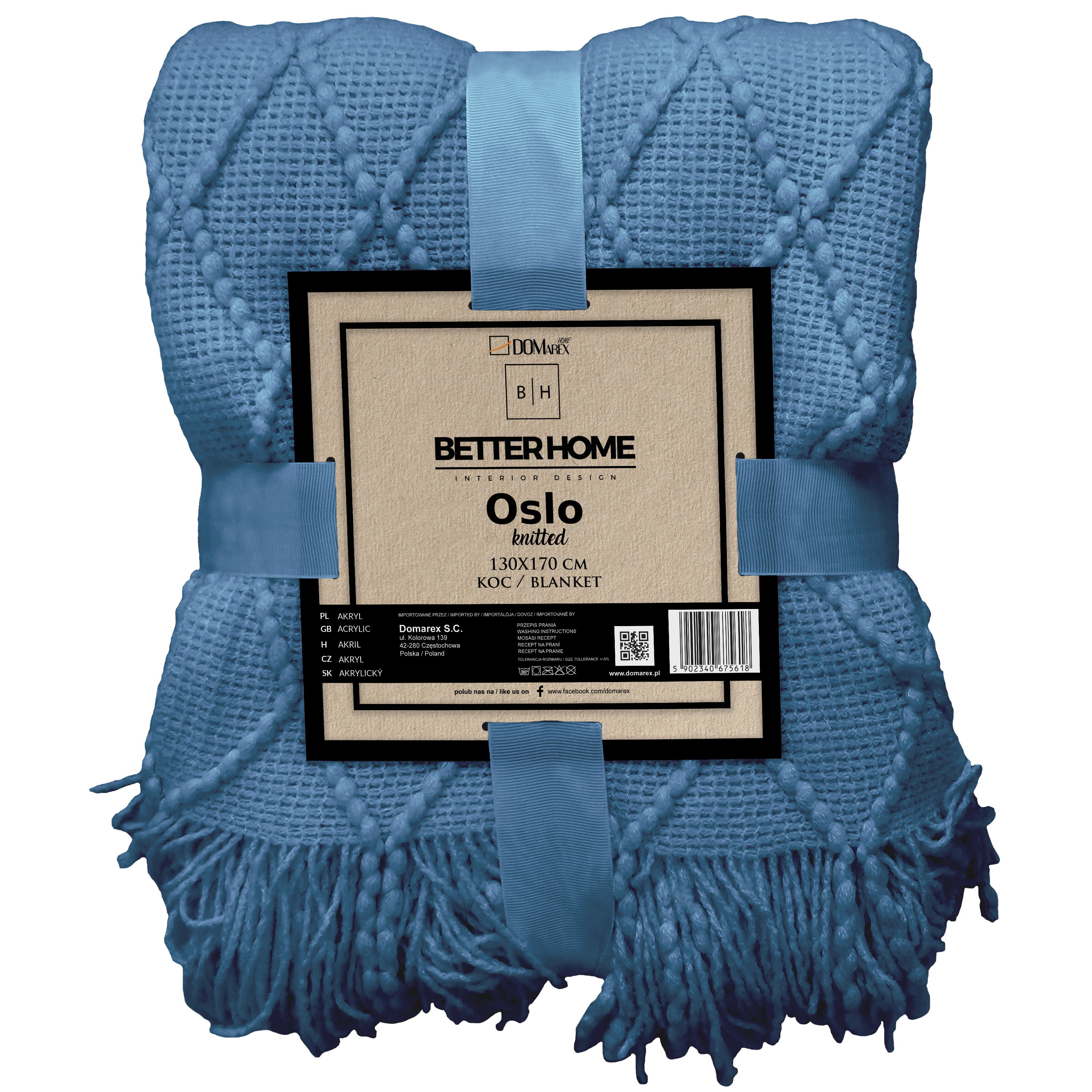 Koc Oslo niebieski z frędzlami 130 x 170 cm - 6