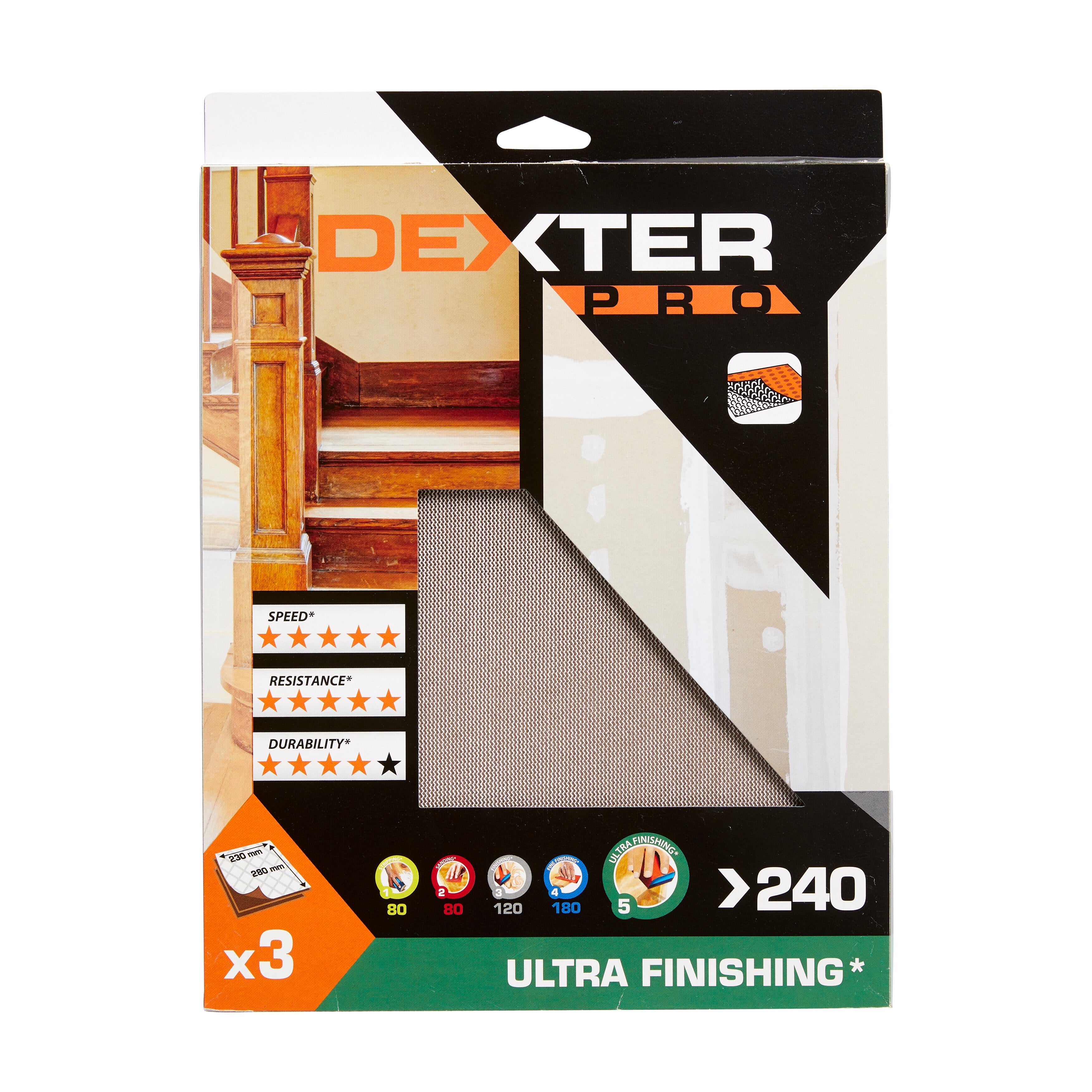 Lot de 3 feuilles abrasives feuille, DEXTER PRO, l.230 x L.230 mm grain 240 - 2