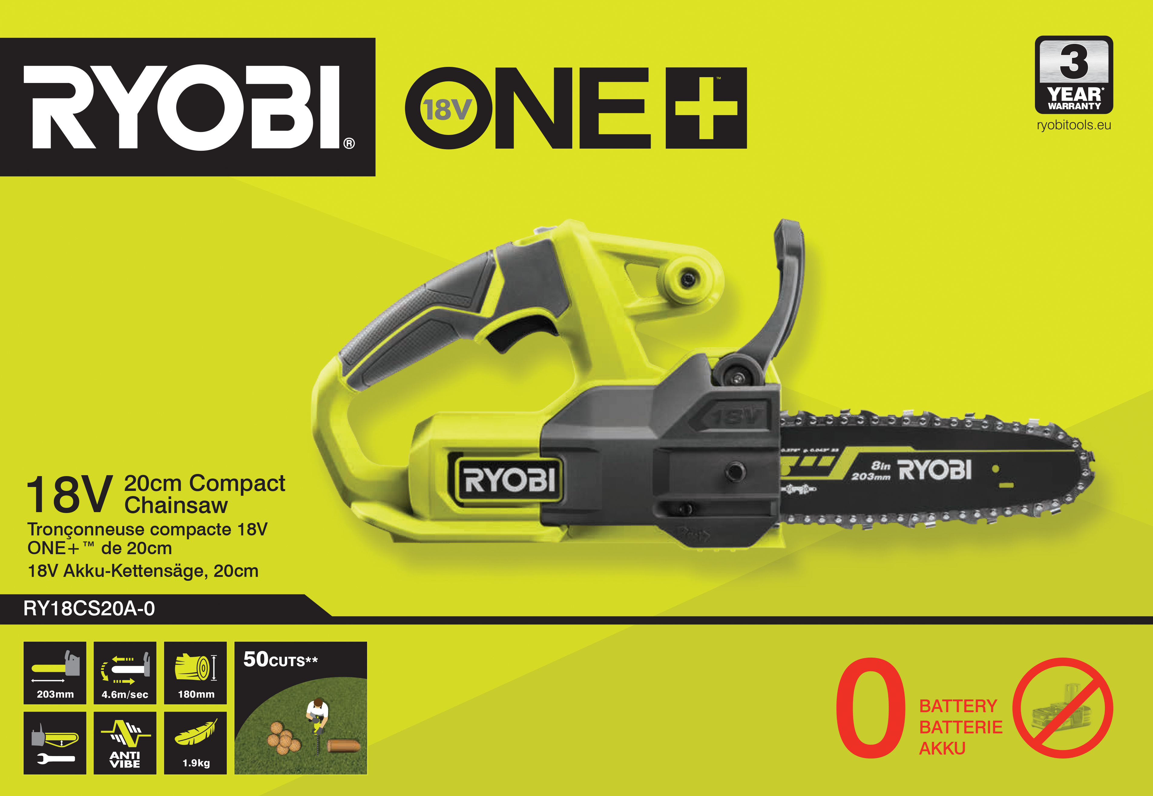 Piła łańcuchowa akumulatorowa 20cm Ryobi One+ RY18CS20A-0 18V - 4