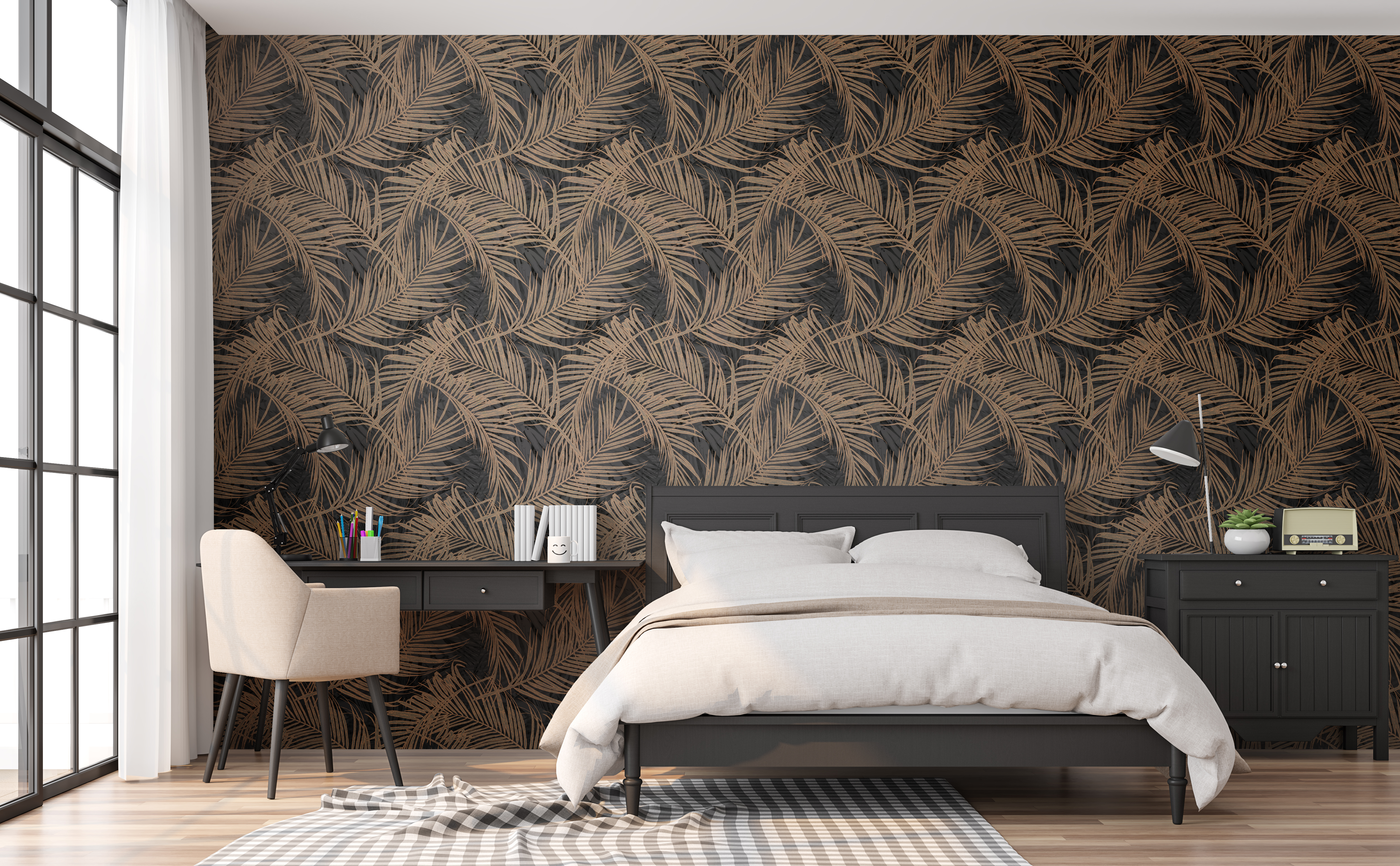 Tapeta Luxury Palms czarno-brązowa winylowa na flizelinie