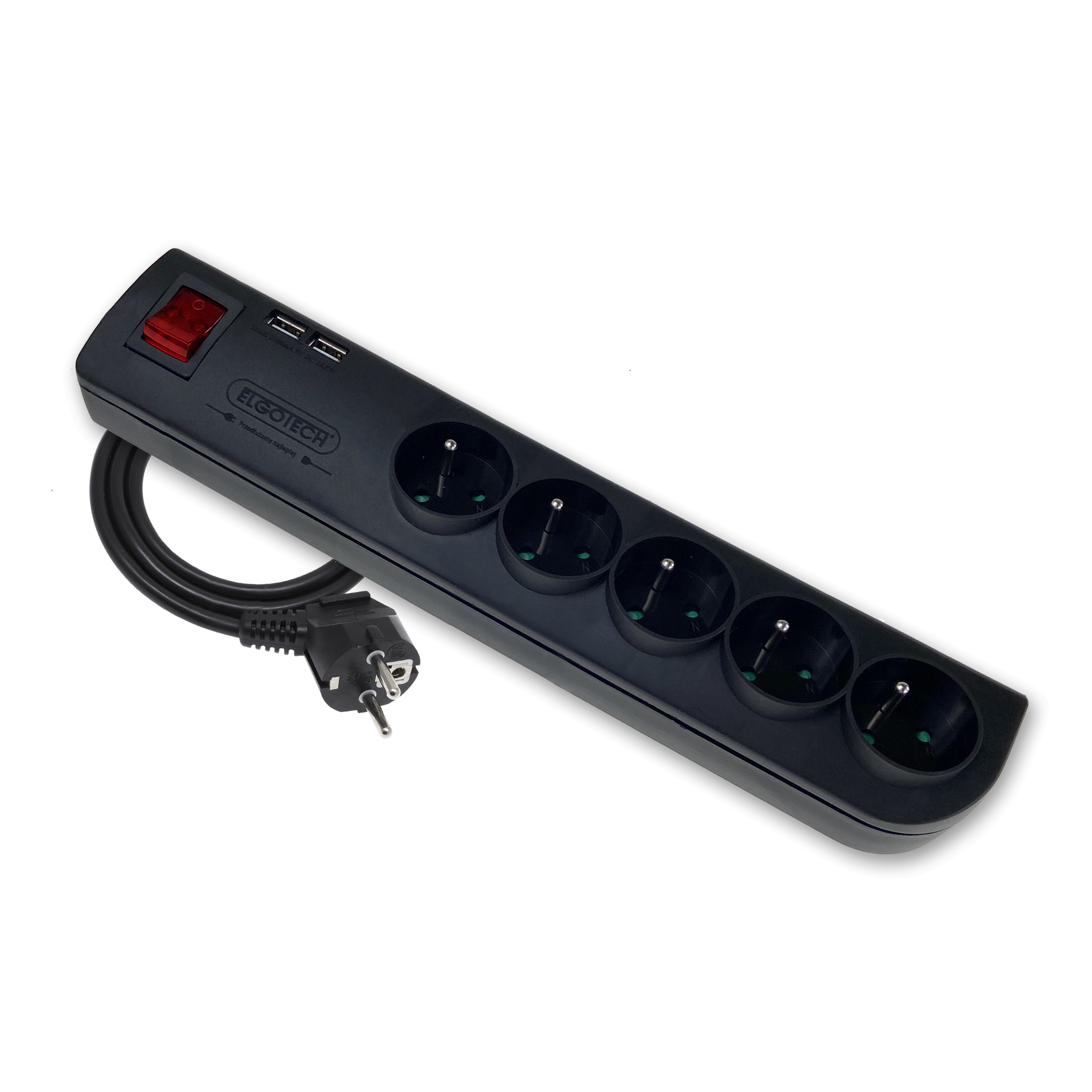 Przedłużacz z 5 gniazdami z uziemieniem i wyłącznikiem 2xUSB 3 m czarny domowy ELGOTECH