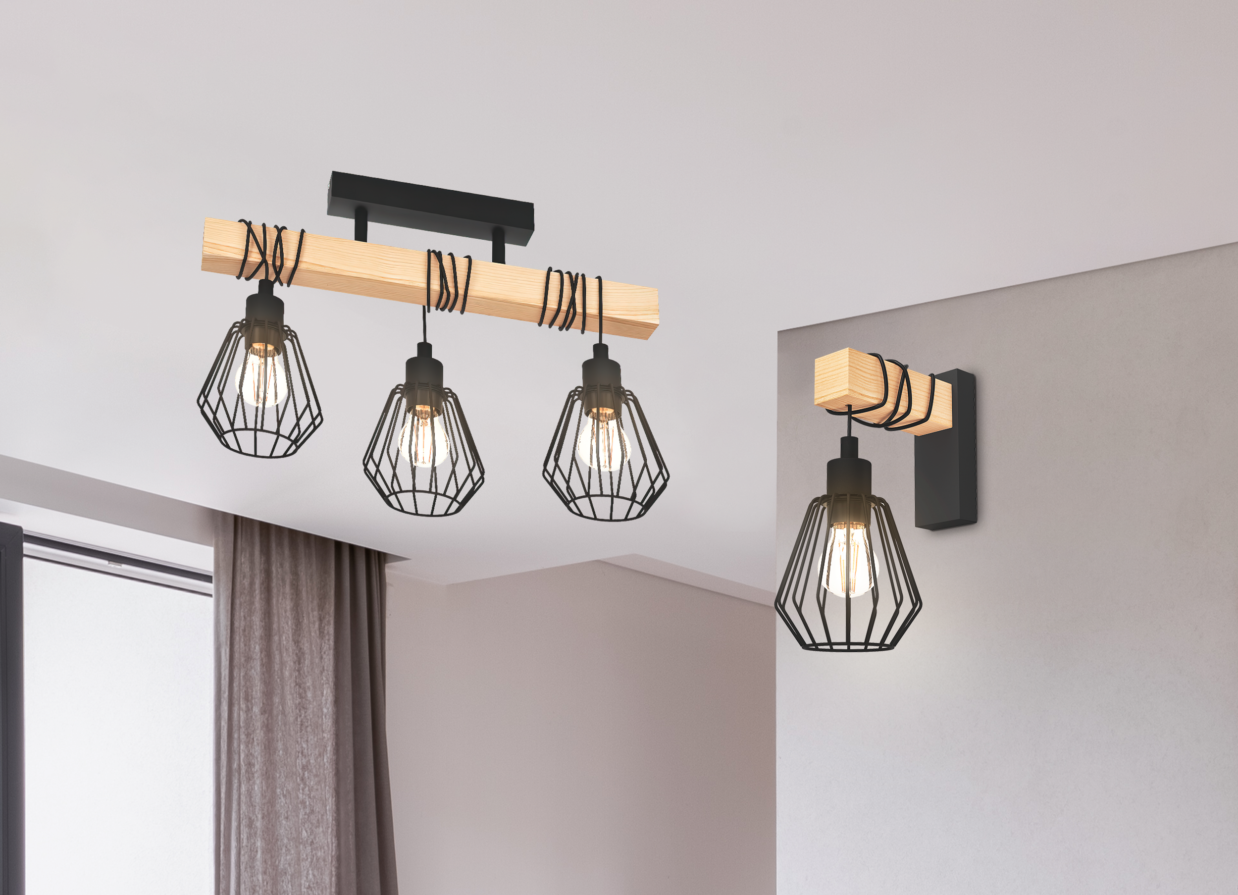 Lampa sufitowa Tabodi czarna z drewnem 3 x E27 Inspire - 3