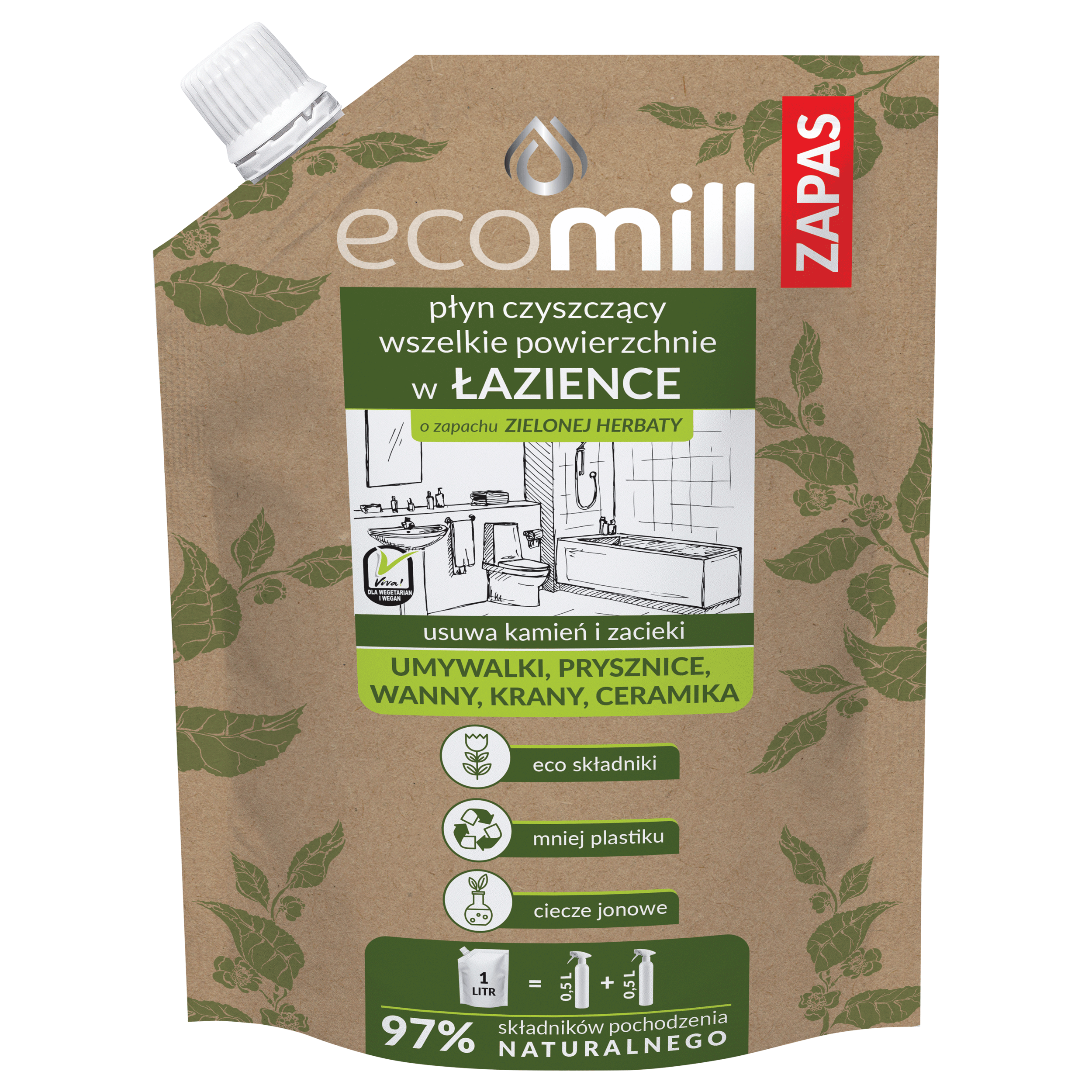 Środek czyszczący przeciw osadom z kamienia Zielona Herbata refill 1 l Ecomill
