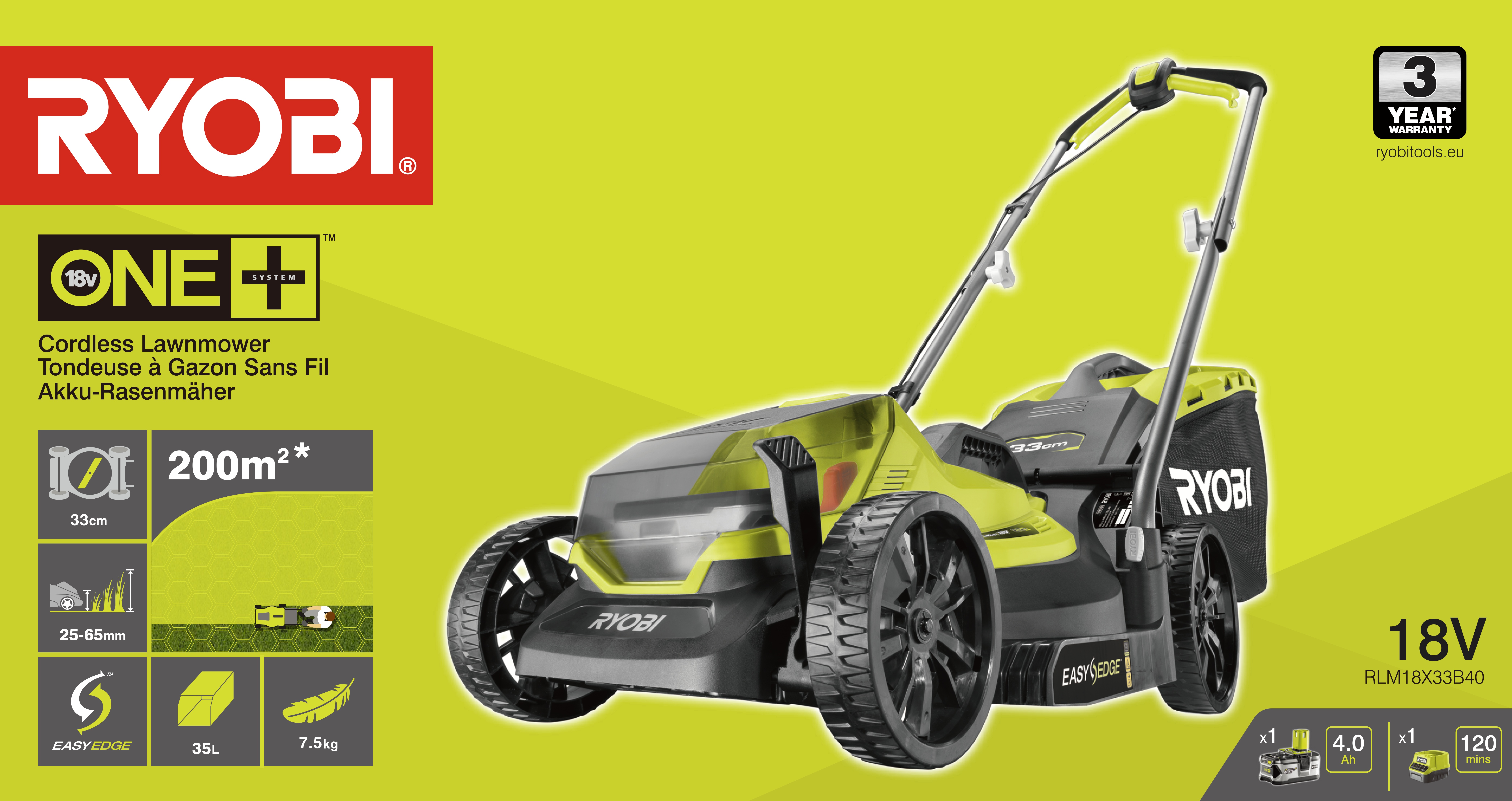 Kosiarka akumulatorowa Ryobi One+ RLM18X33B40 18V 4Ah 33cm - 11