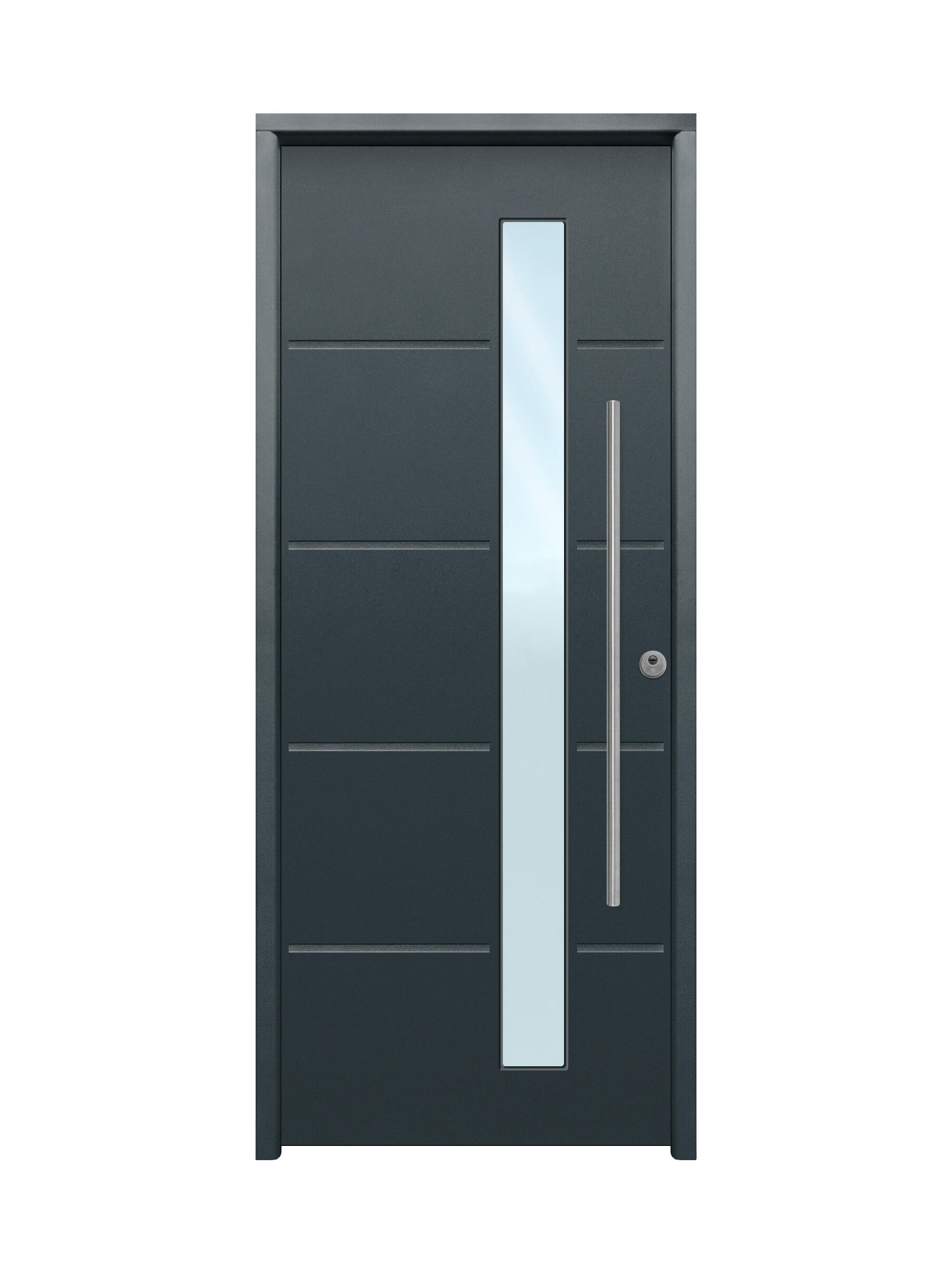 Puerta de entrada metálica serie Saga Cintia con cristal fresada gris 7016 /interior liso gris 7016 apertura izquierda 210x90cm - 2