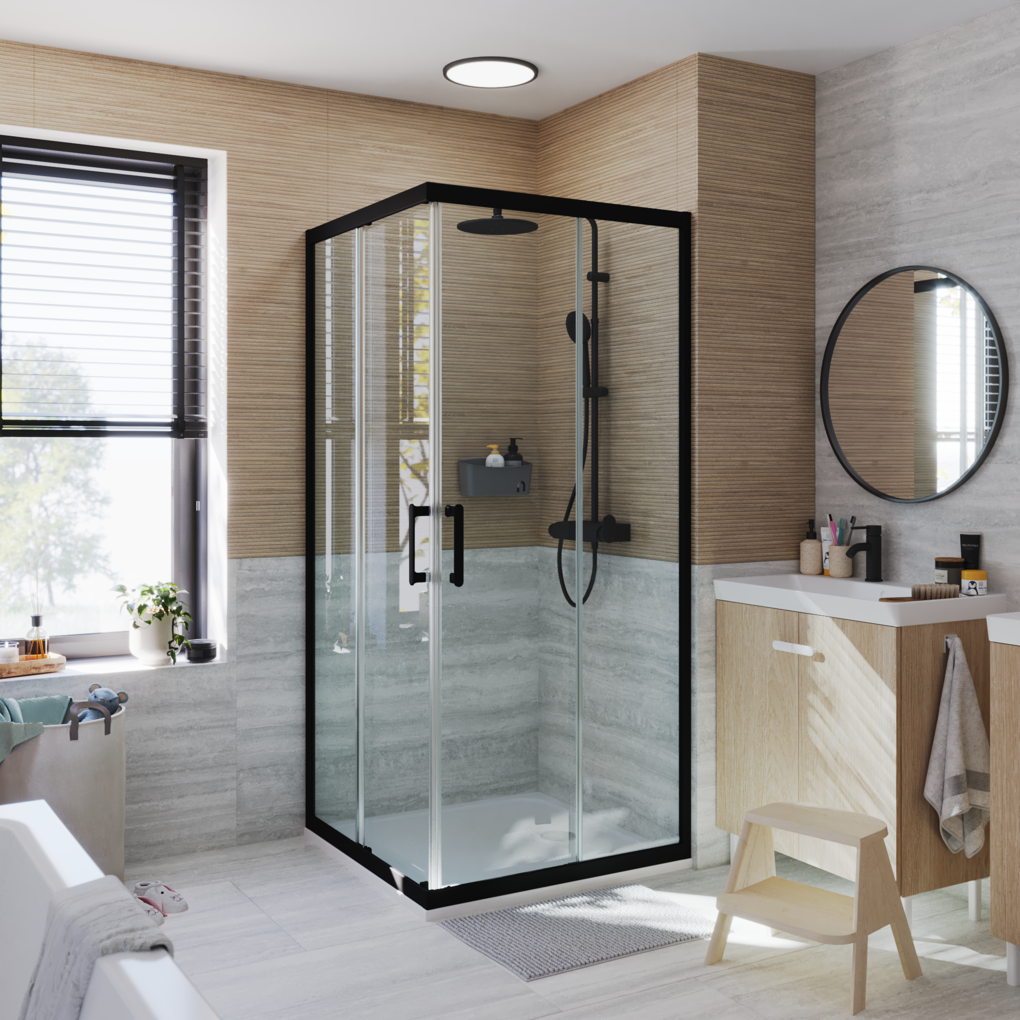 Porte de douche, angle carré verre transparent, noir, L.90 x l.90 cm, Easy | Leroy Merlin