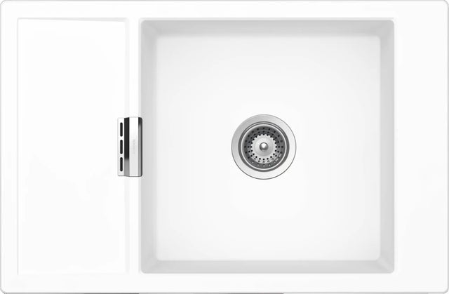 Evier à encastrer 1 grand bac 1 petit égouttoir, Quartz et résine ENVY Blanc