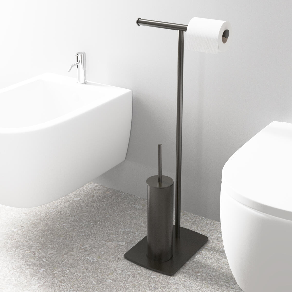 Porta Carta Igienica Con Scopino | Acciaio Inox | Senza Foratura | Con Scaffale Per Oggetti - Foto 4