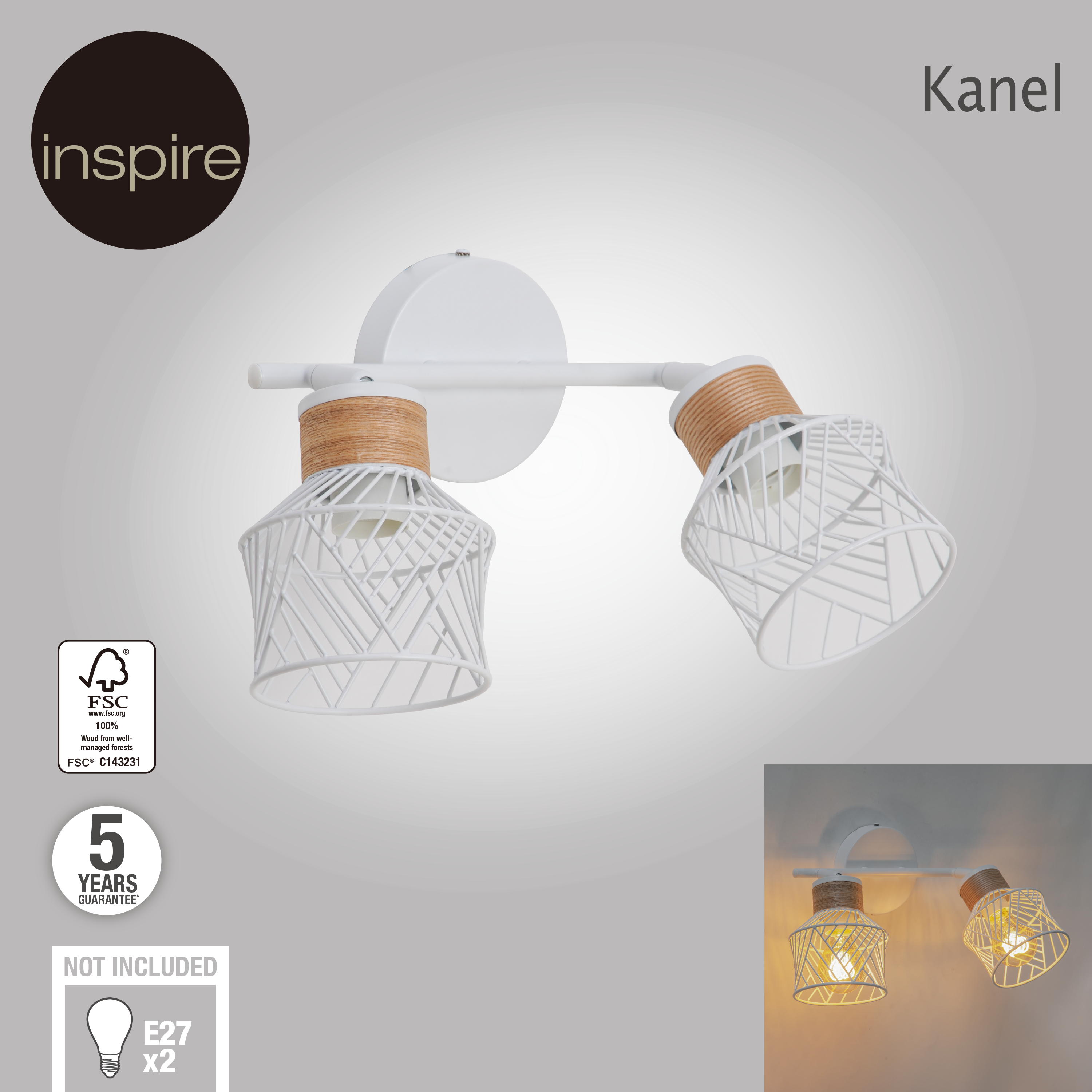 Barra de 2 focos INSPIRE Kanel E27 madera y blanco - 5