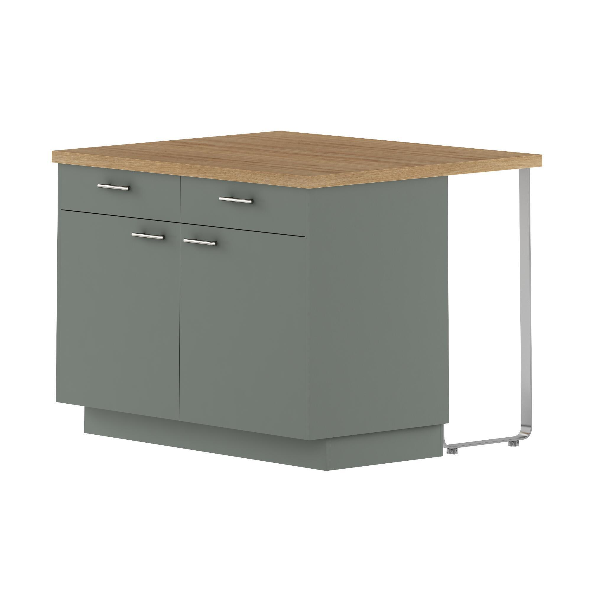 Ilot central de cuisine Vienne gris vert 2 portes, 2 tiroirs et 1bar ...