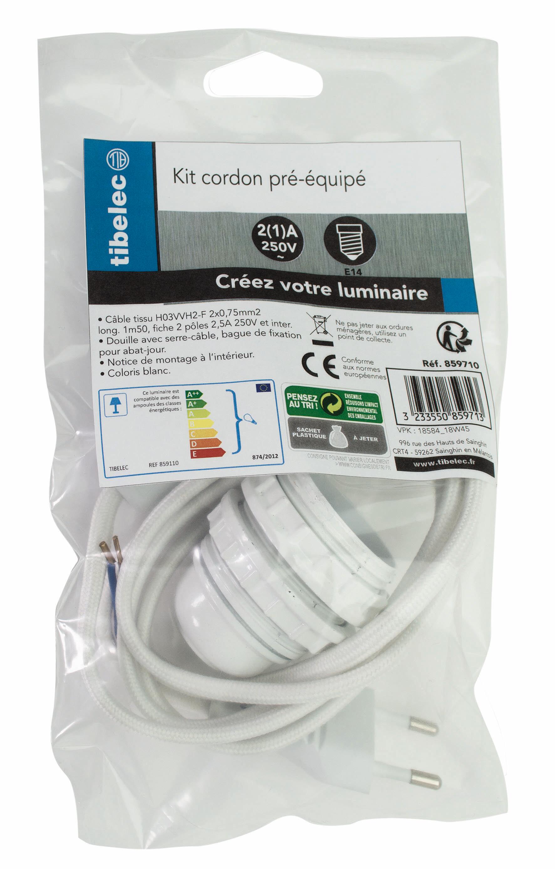 Câble textile interrupteur blanc, douille E27, 1,50 m TIBELEC - 2