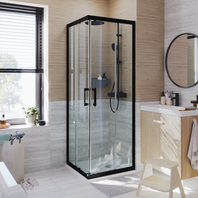 Porte de douche, angle carré verre transparent, noir L.80 x l.80 cm, Easy