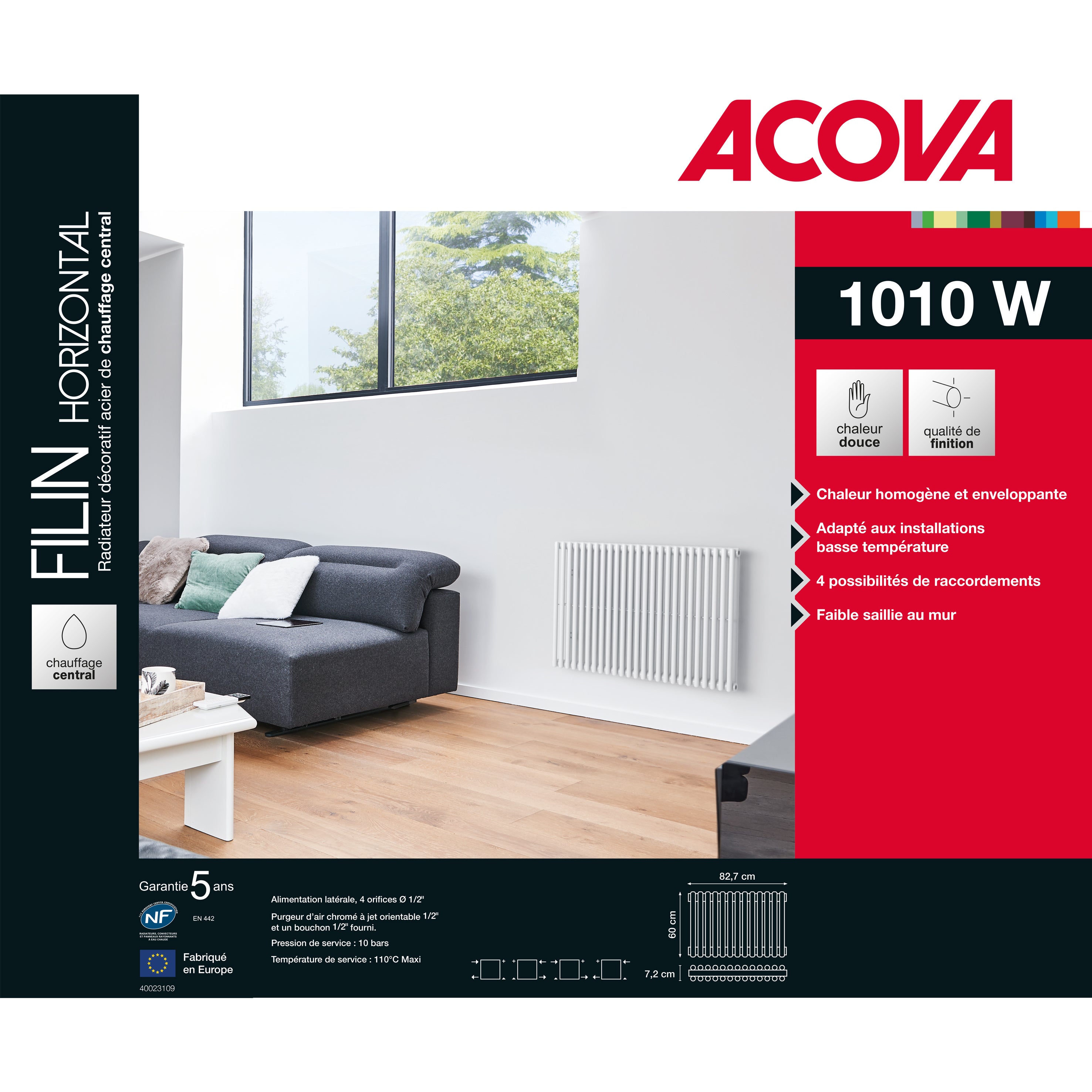 Radiateur eau chaude horizontal ACOVA Filin blanc, 1010W H.60 x l.82.7 cm - 2