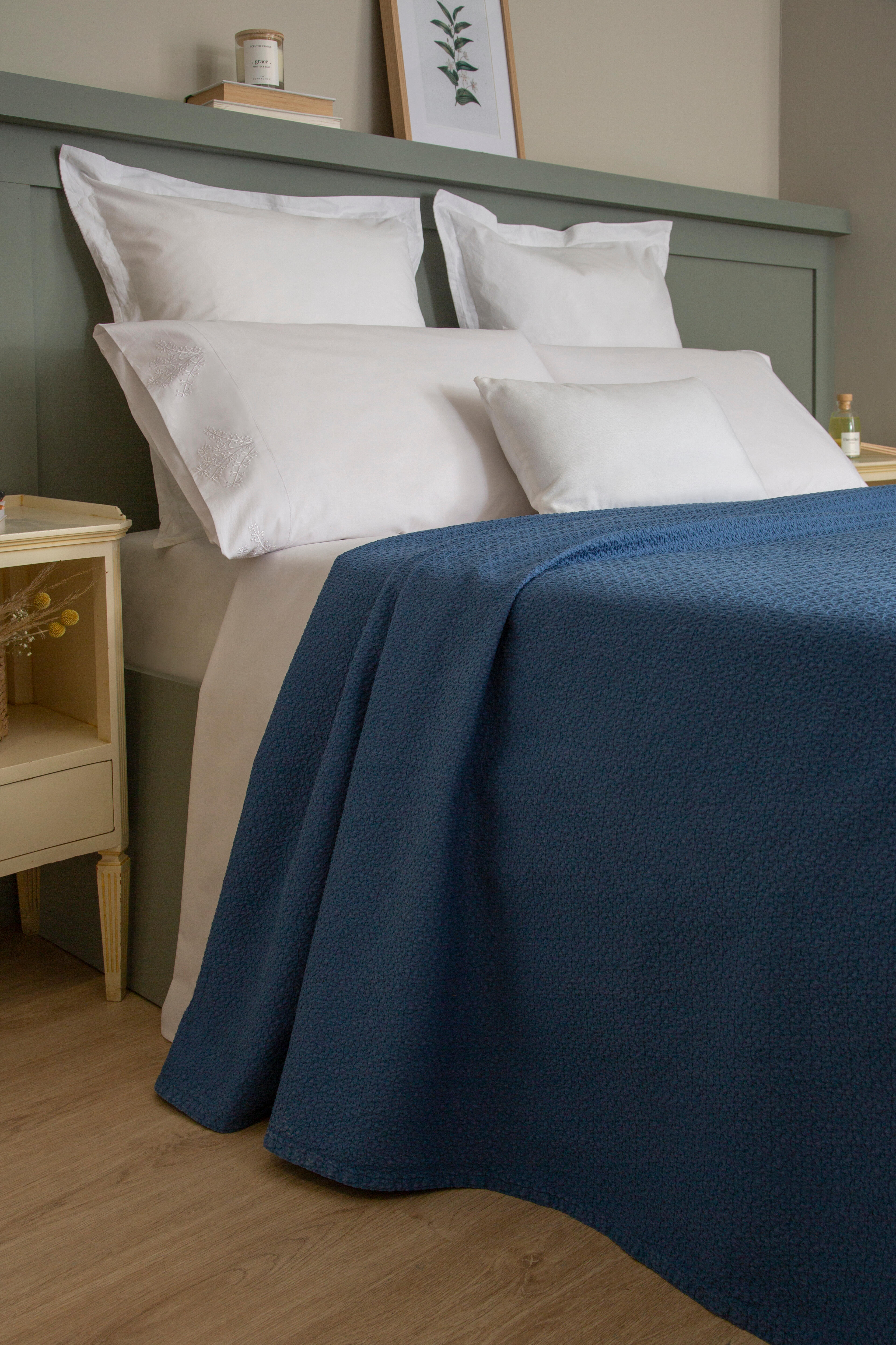 Sábana encimera Bordado Ramas algodón percal 200 hilos blanco 210x270 para cama de 135 cm - 24