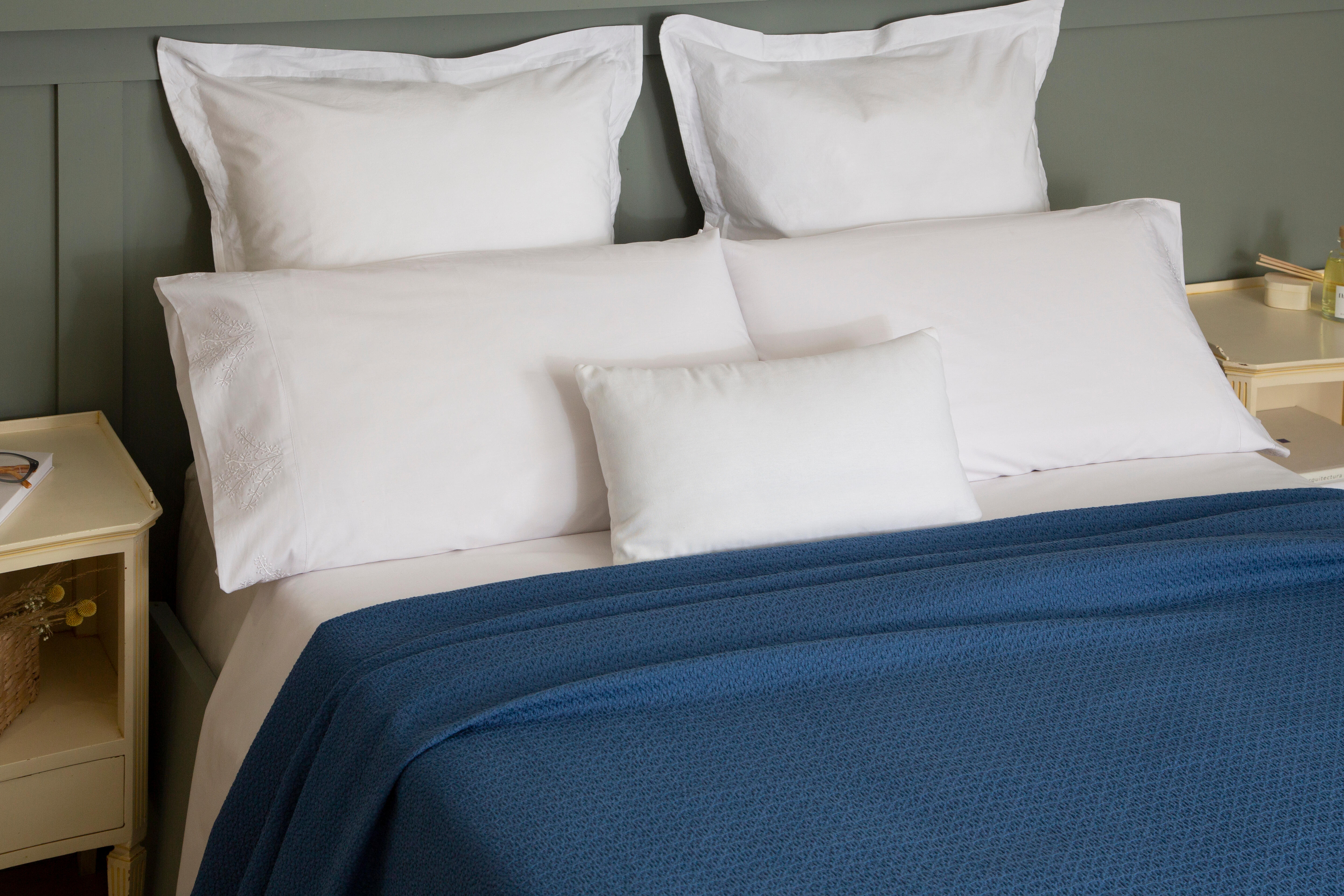 Sábana encimera Bordado Ramas algodón percal 200 hilos blanco 210x270 para cama de 135 cm - 42