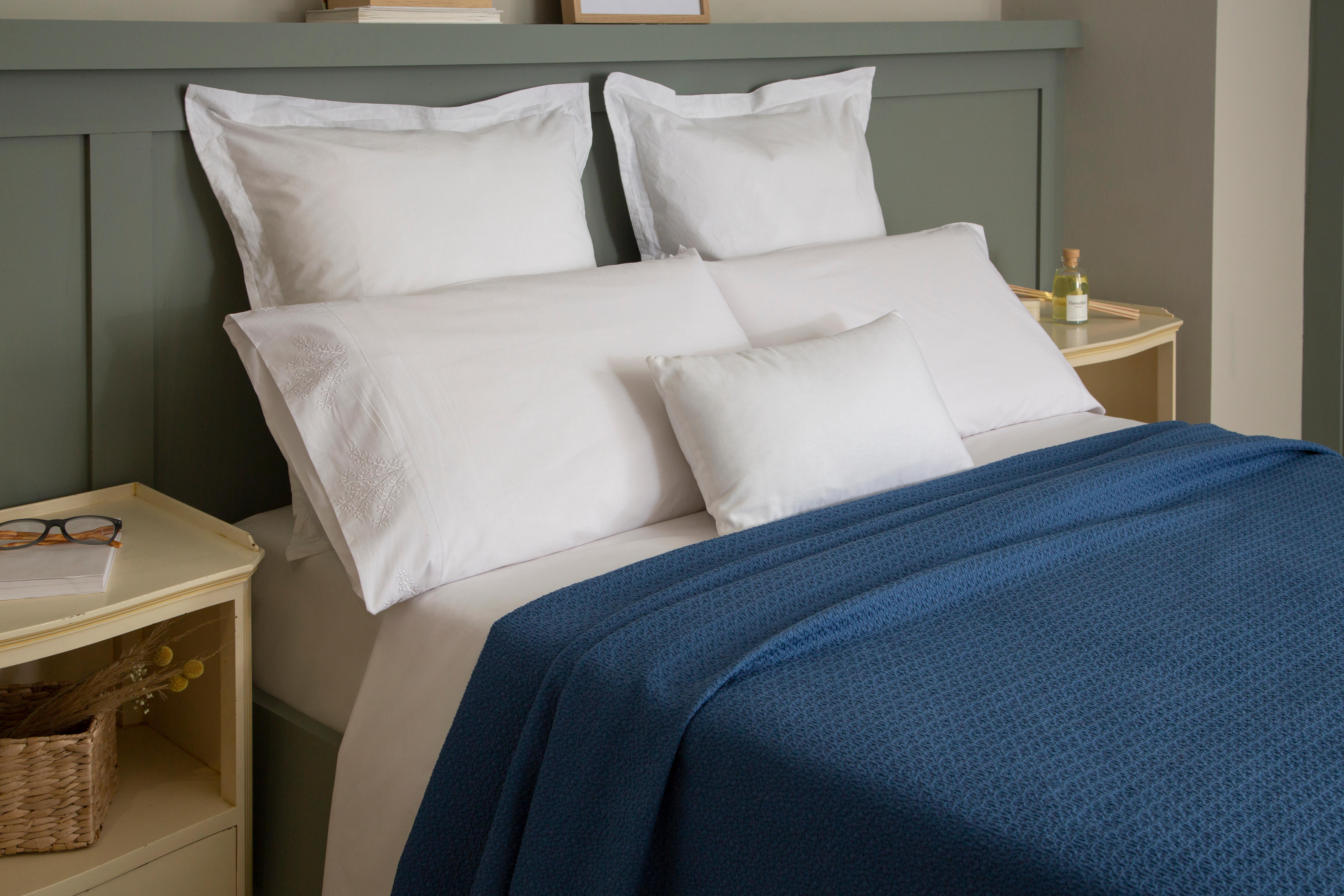 Sábana encimera Bordado Ramas algodón percal 200 hilos blanco 210x270 para cama de 135 cm - 40