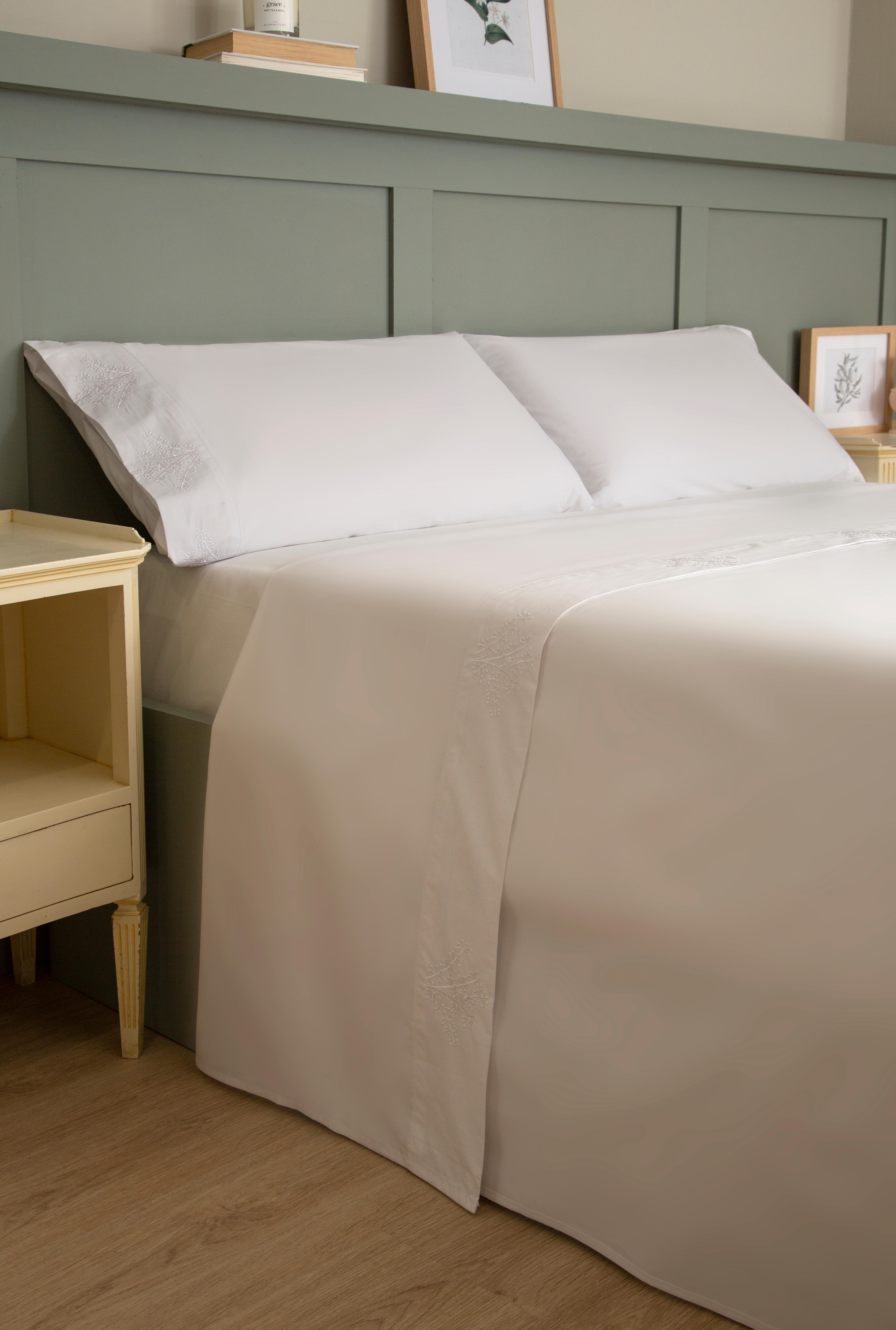 Sábana encimera Bordado Ramas algodón percal 200 hilos blanco 210x270 para cama de 135 cm - 15