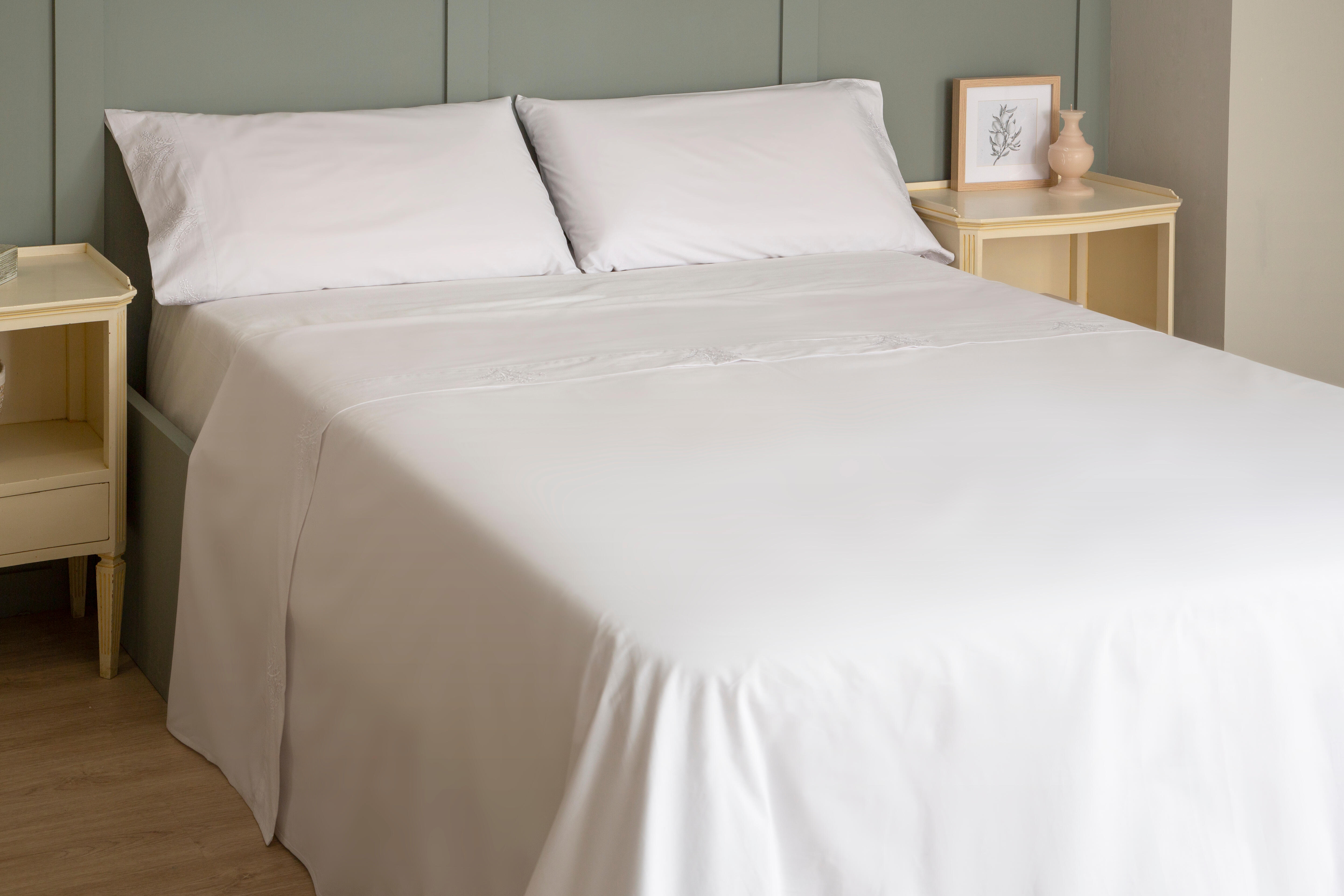 Sábana encimera Bordado Ramas algodón percal 200 hilos blanco 210x270 para cama de 135 cm - 14