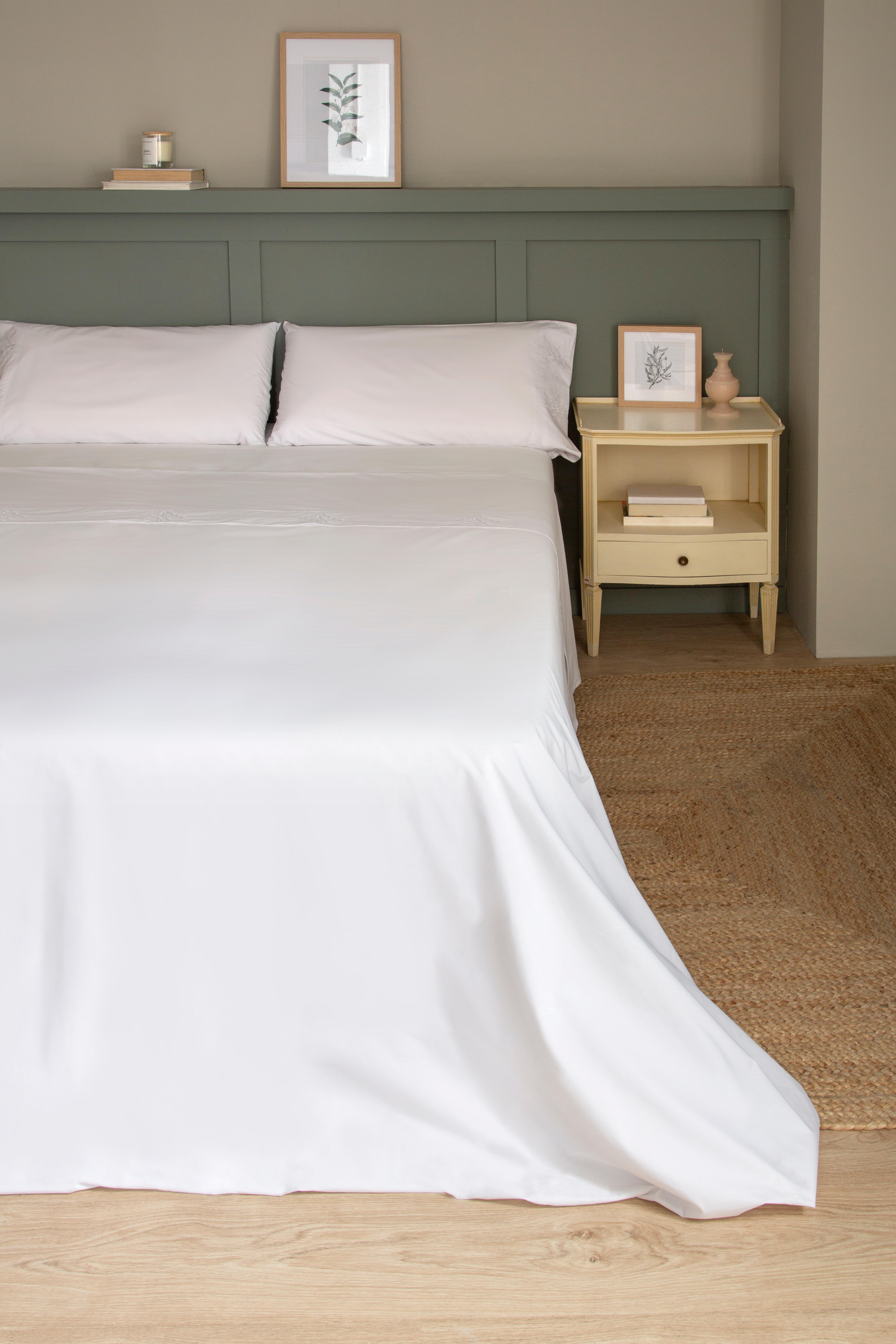 Sábana encimera Bordado Ramas algodón percal 200 hilos blanco 210x270 para cama de 135 cm - 11
