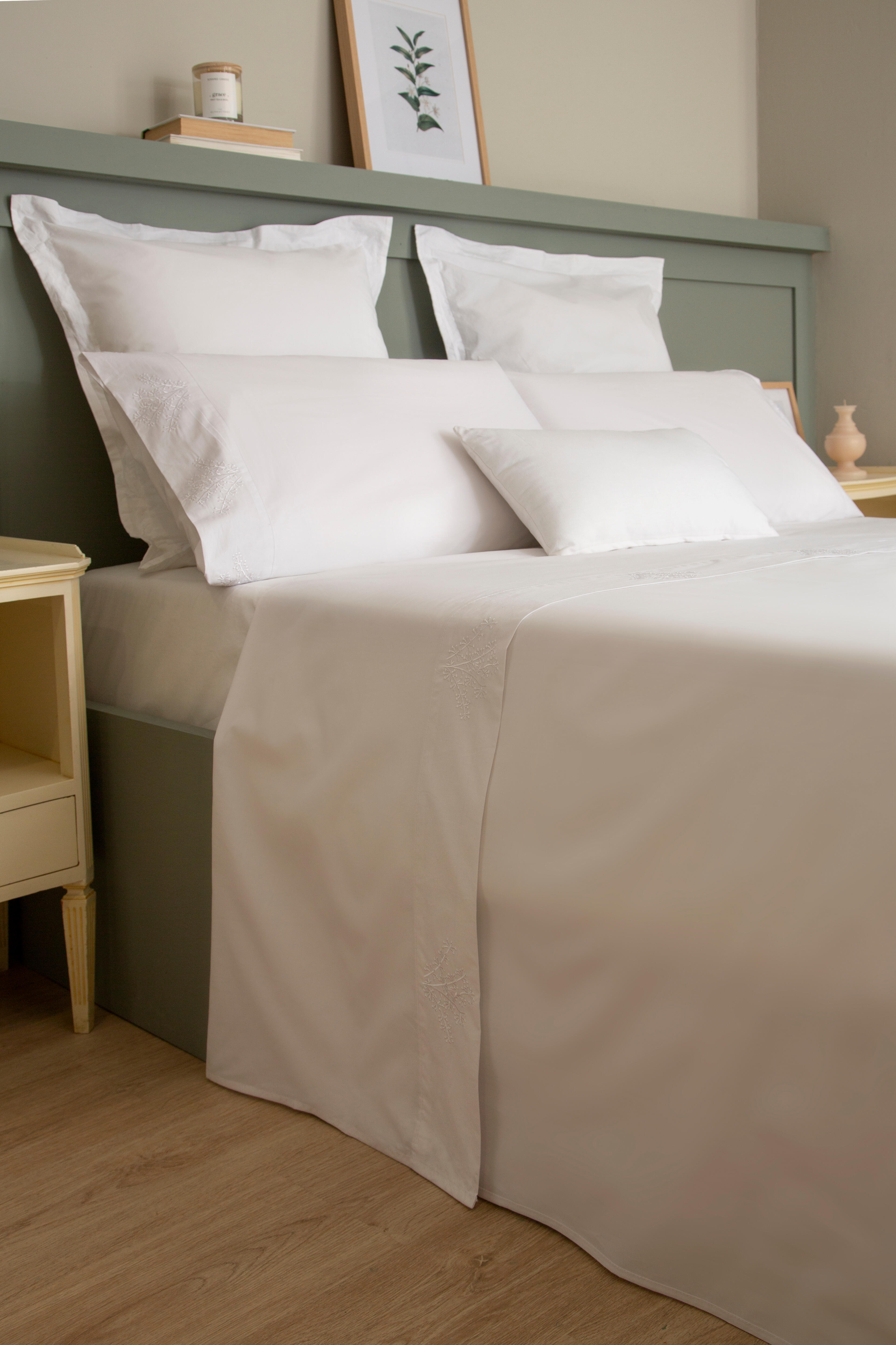 Sábana encimera Bordado Ramas algodón percal 200 hilos blanco 210x270 para cama de 135 cm - 35