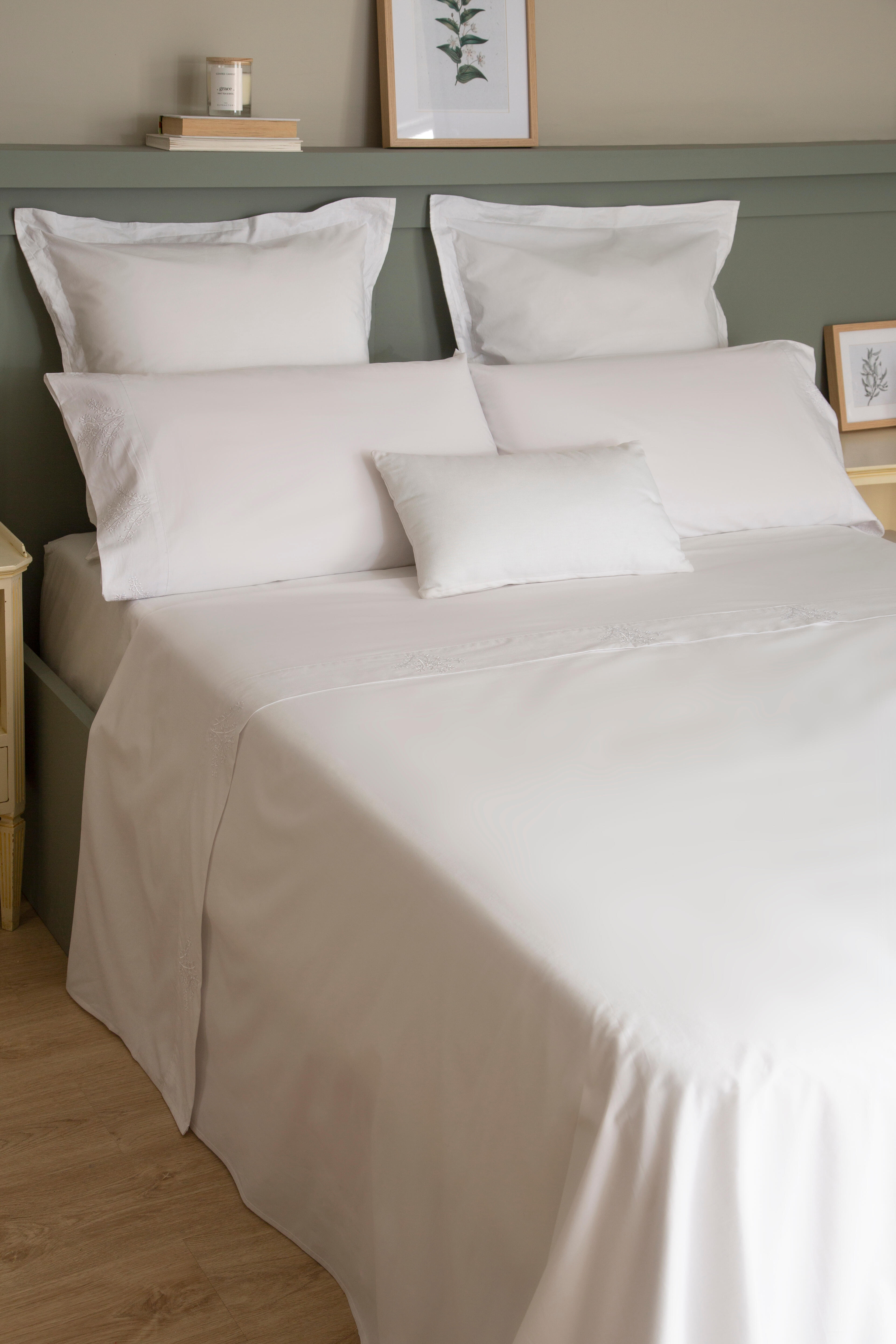 Sábana encimera Bordado Ramas algodón percal 200 hilos blanco 210x270 para cama de 135 cm - 10
