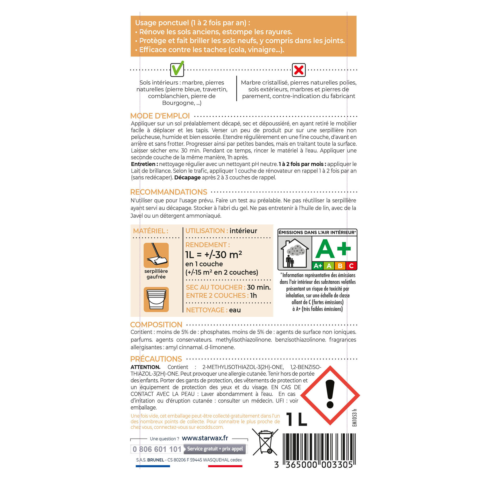 Rénovateur pierre naturelle / marbre STARWAX Brillant, 1L, 1Kg - 2