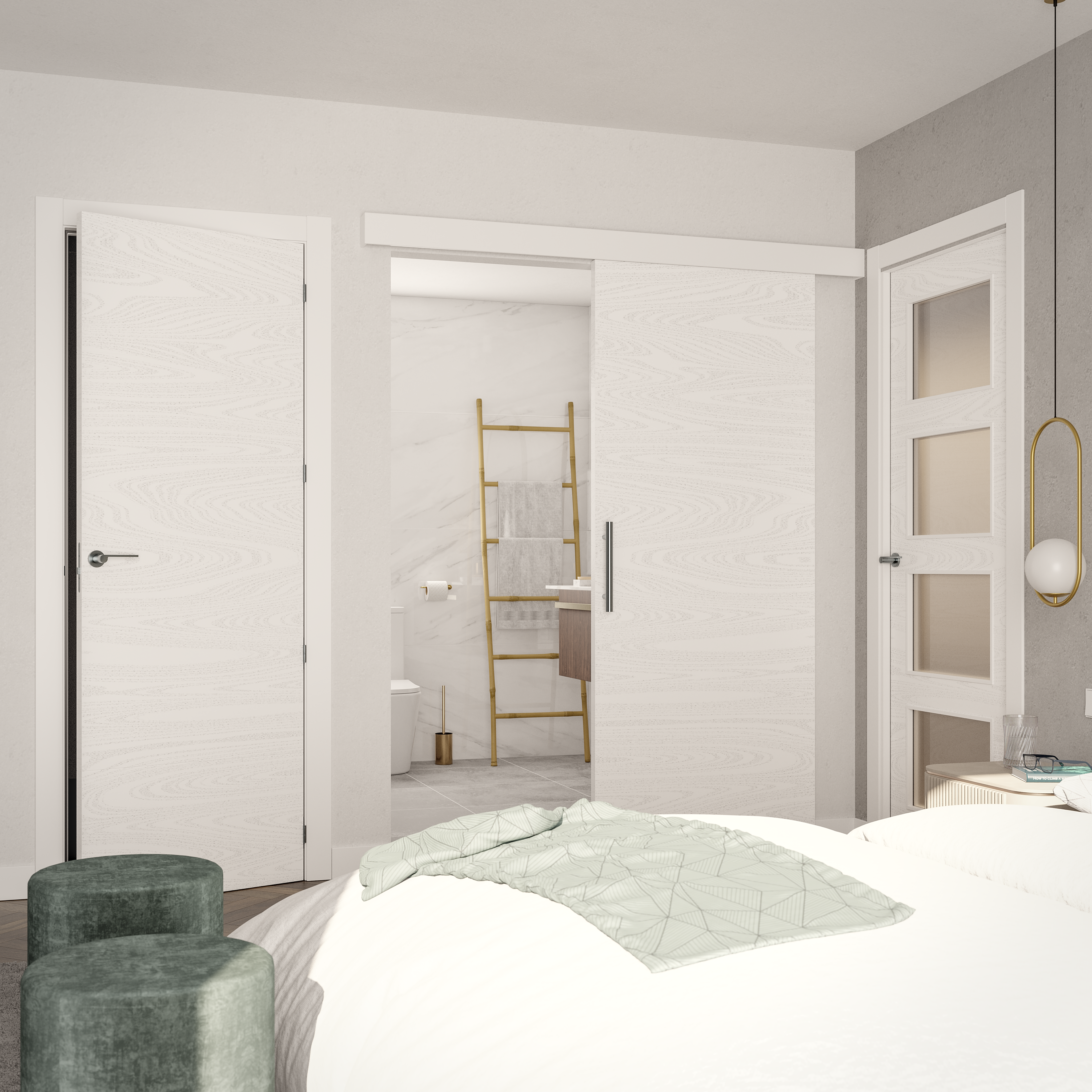 Puerta de interior abatible con cristal maciza lacada Premium Lucerna Veta blanco veteado apertura derecha cerco de 6x2 anchura 82.5cm - 6