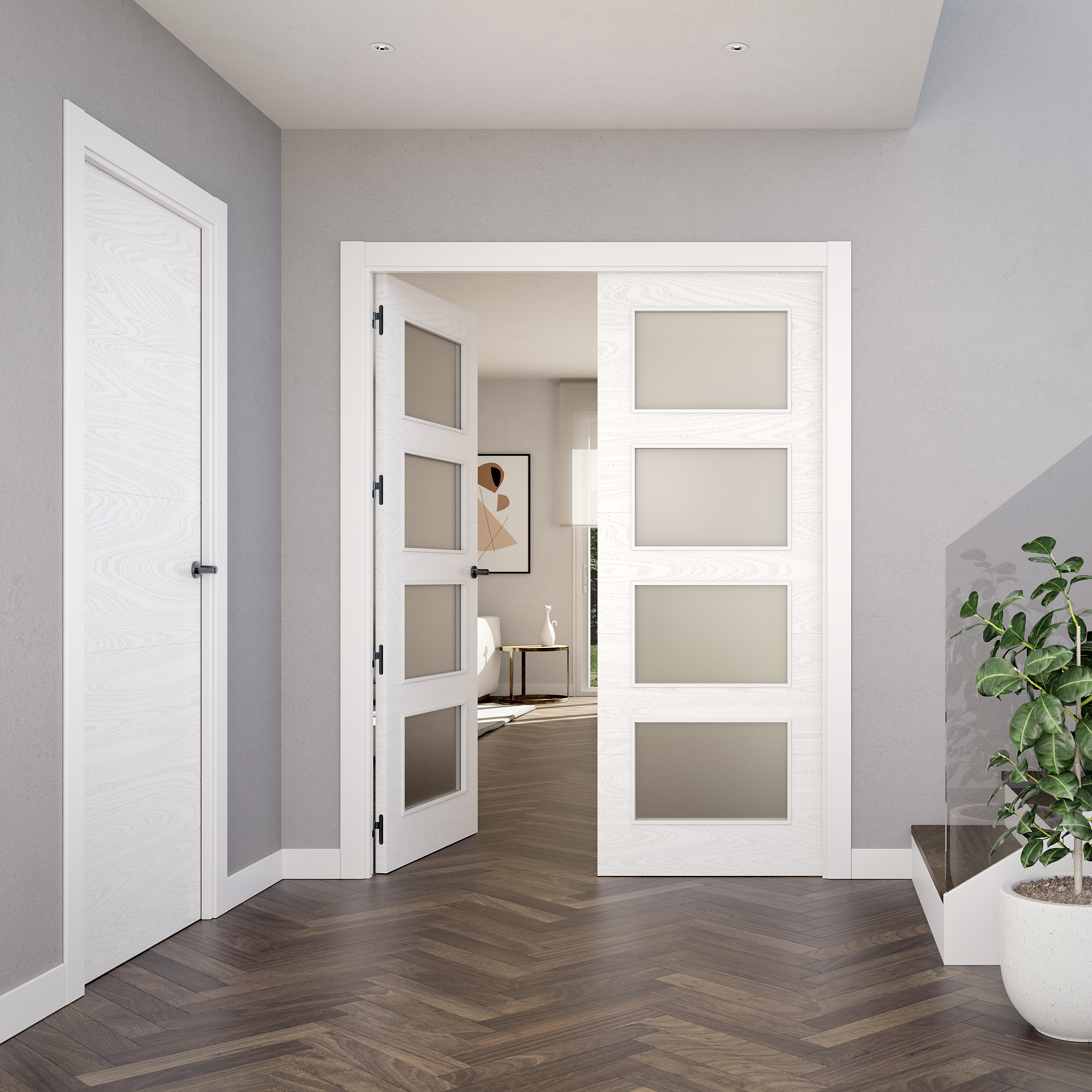 Puerta de interior abatible con cristal maciza lacada Premium Lucerna Veta blanco veteado apertura derecha cerco de 6x2 anchura 82.5cm - 3