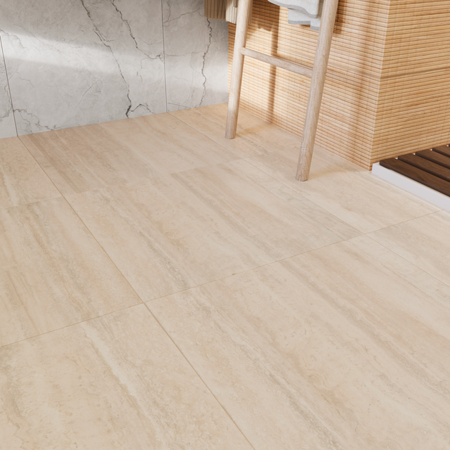 Carrelage sol/mur intérieur effet travertin beige Helos l.60 x L.60 cm ARTENS
