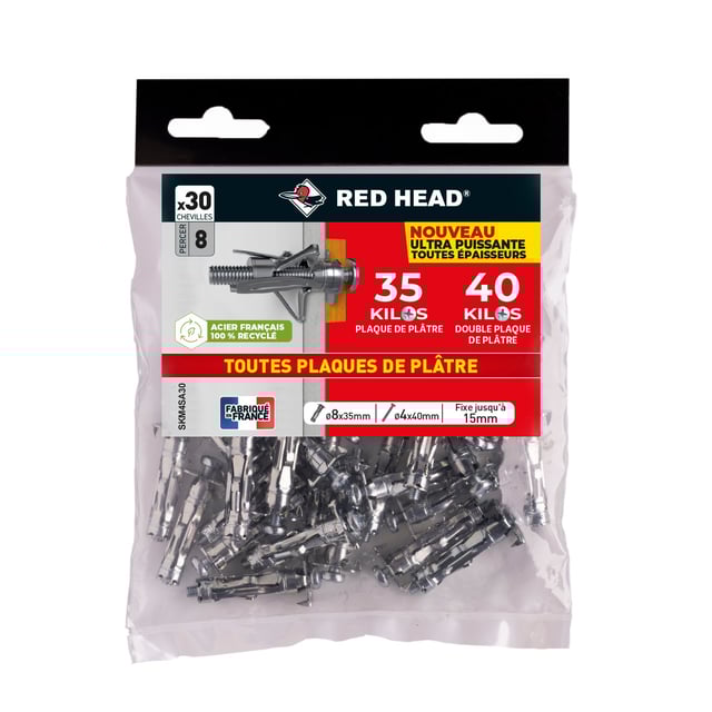 30 chevilles et vis à expansion RED HEAD, Diam.8 x L.35 mm