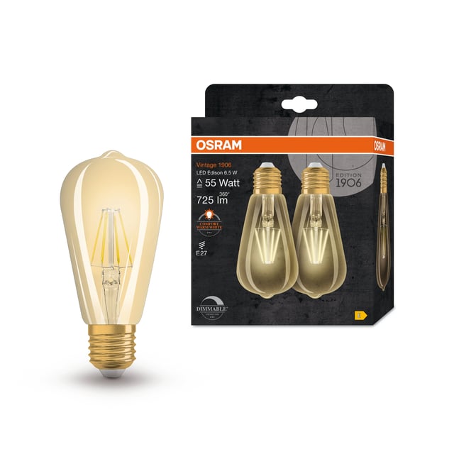 2 ampoules led décoratives, Edison E27, 720lm, blanc chaud, dimmables OSRAM
