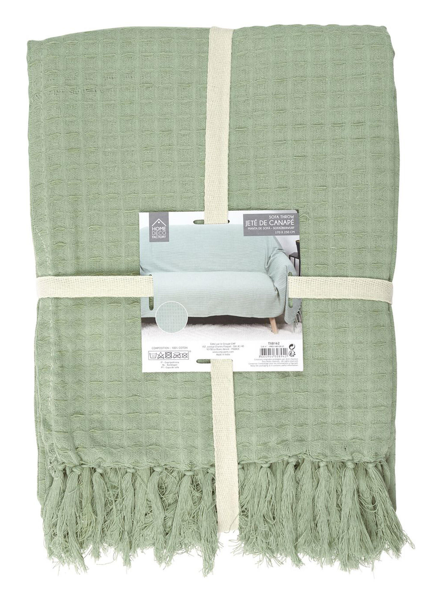 Manta Gofrada rectangular algodón liso verde con flecos de 170x250 cm - 6