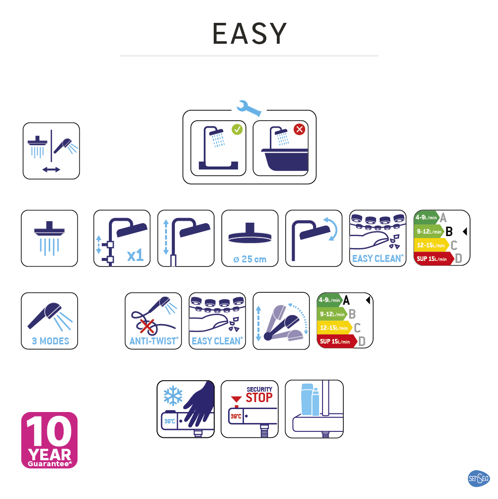 Conjunto de duche com torneira termostática cromado sensea easy - 10